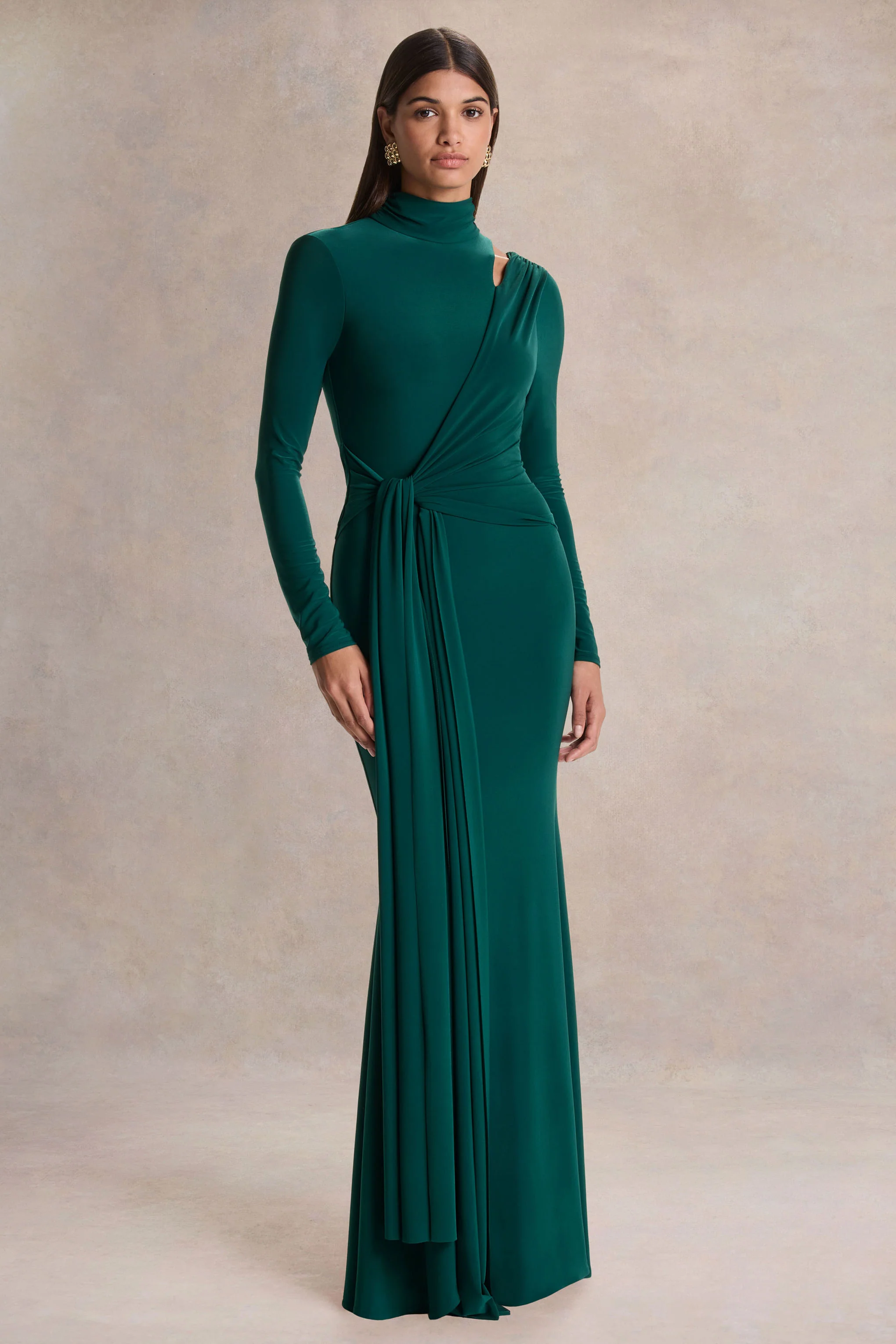 Alastrina | Robe longue à col montant vert foncé avec détails froncés - Image 4