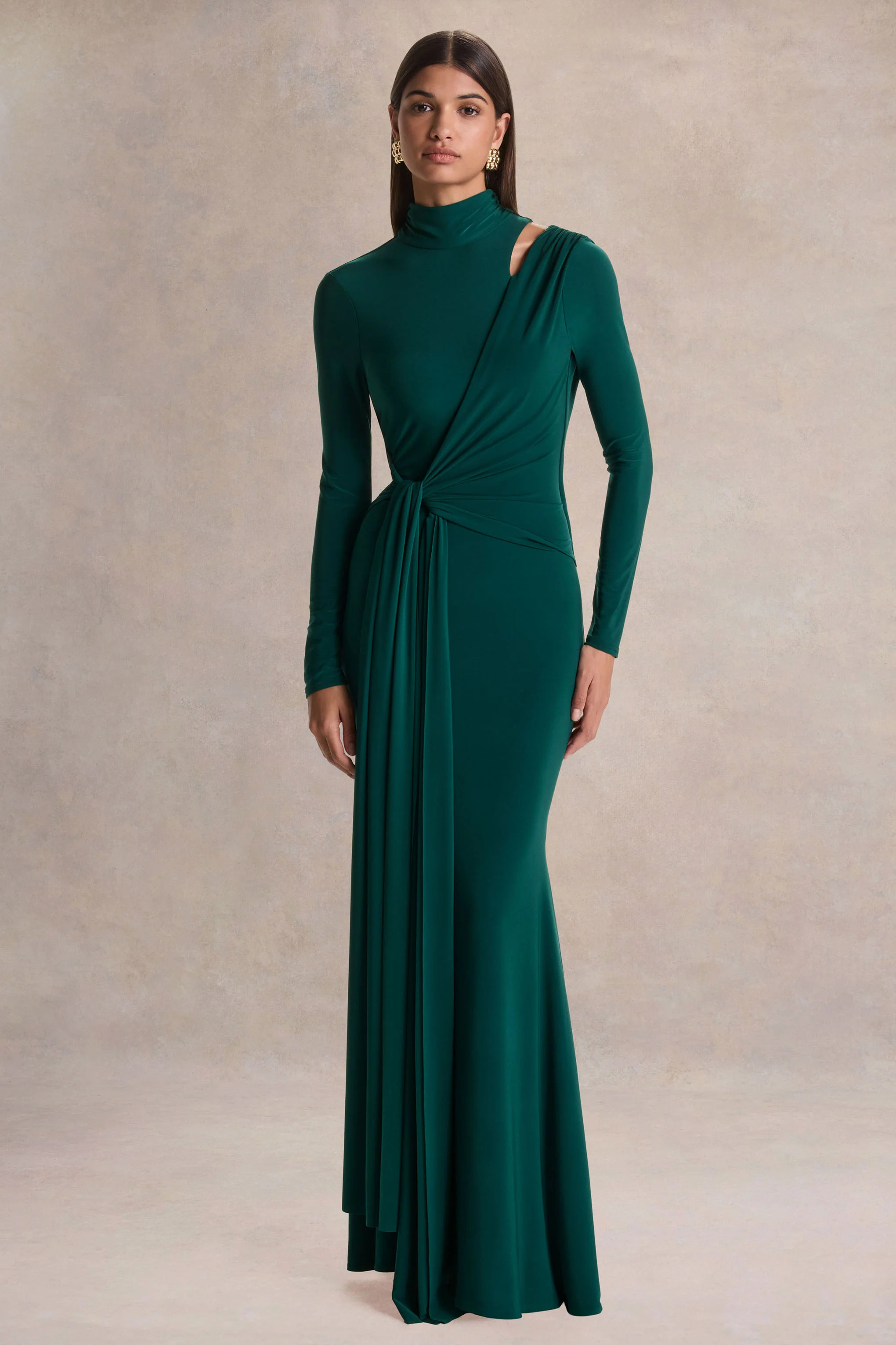 Alastrina | Robe longue à col montant vert foncé avec détails froncés - Image 5