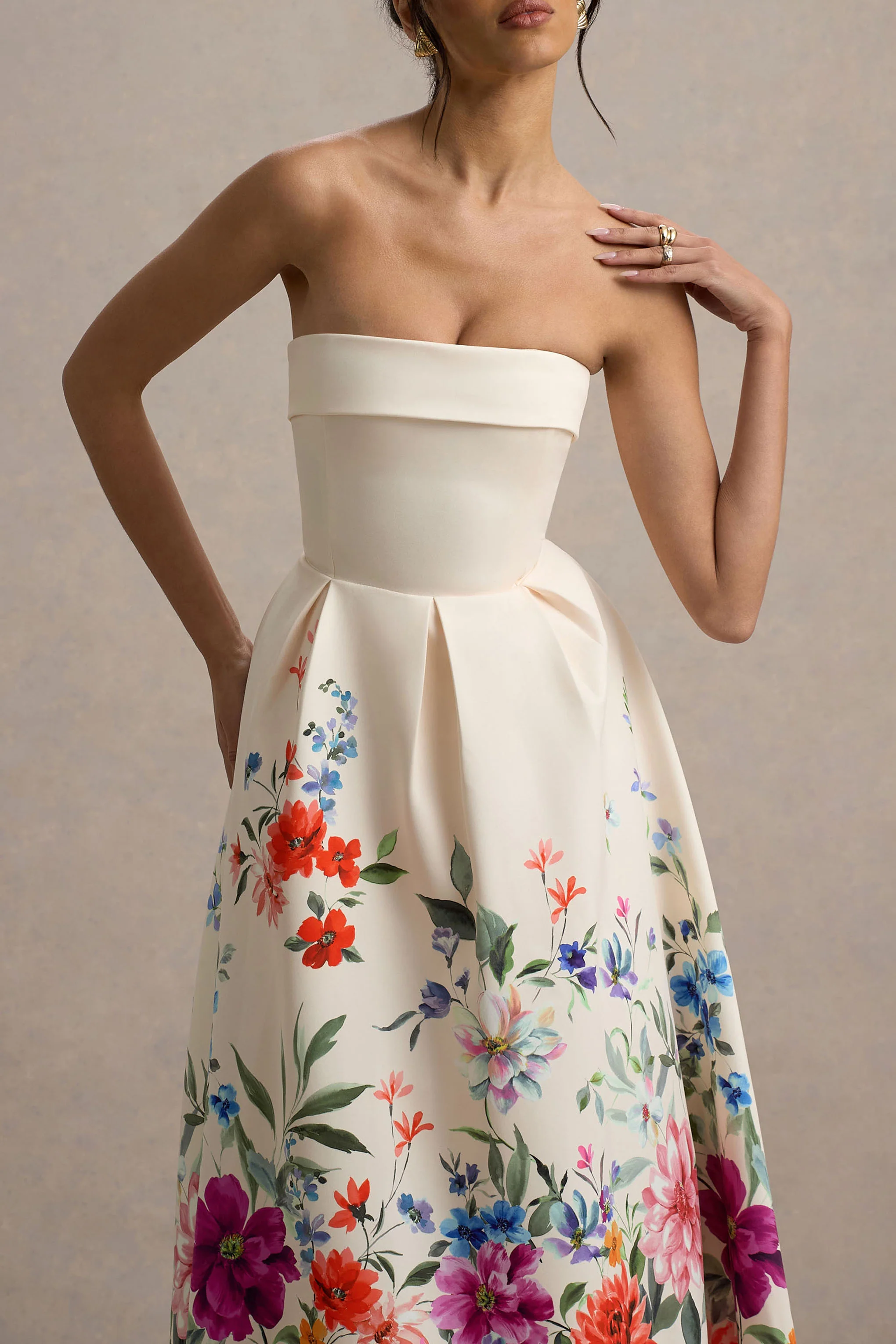 Annalise | Robe Mi-Longue Imprimé Floral Rose Évasée à Bandeau - Image 3
