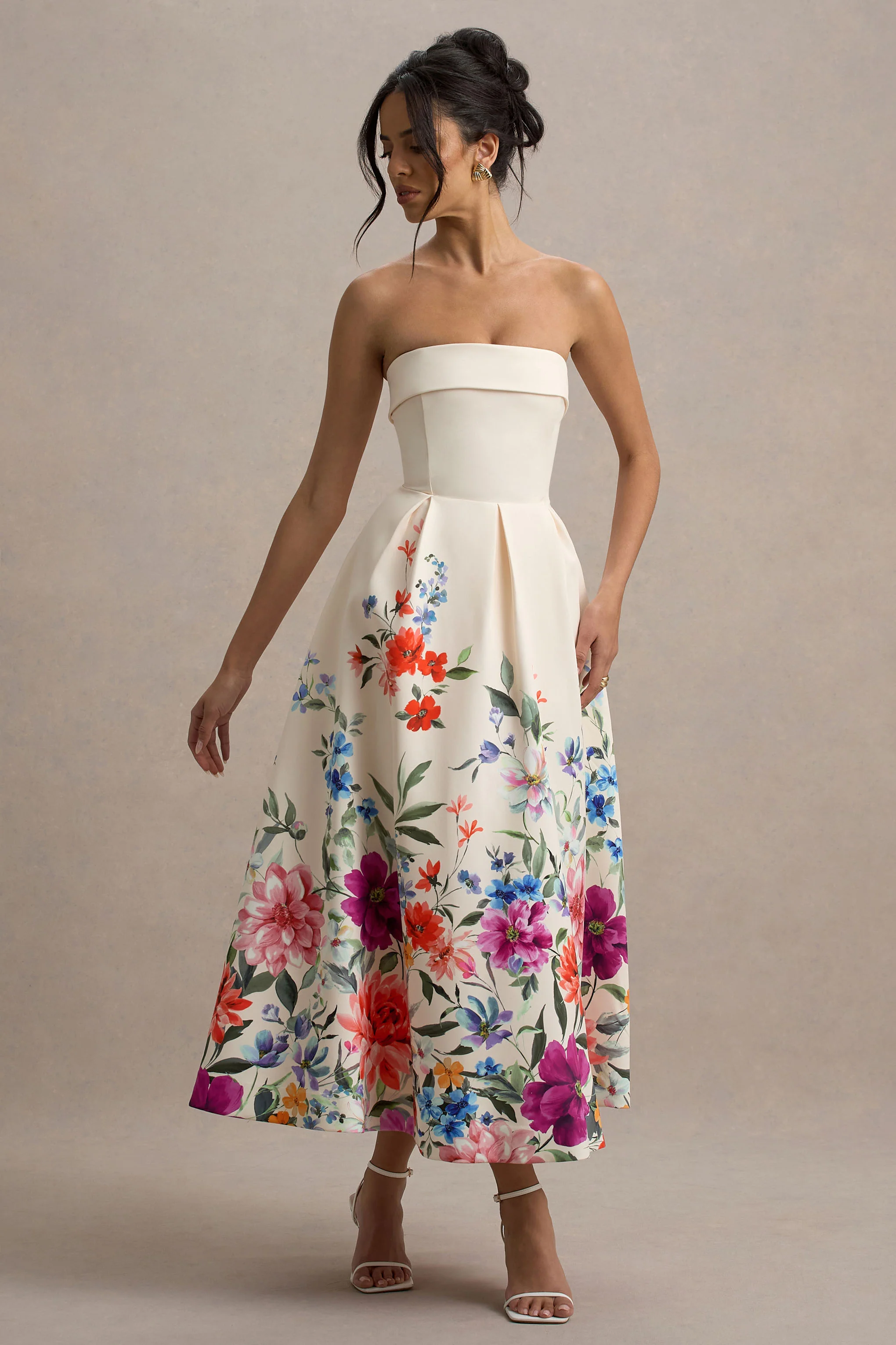 Annalise | Robe Mi-Longue Imprimé Floral Rose Évasée à Bandeau - Image 4