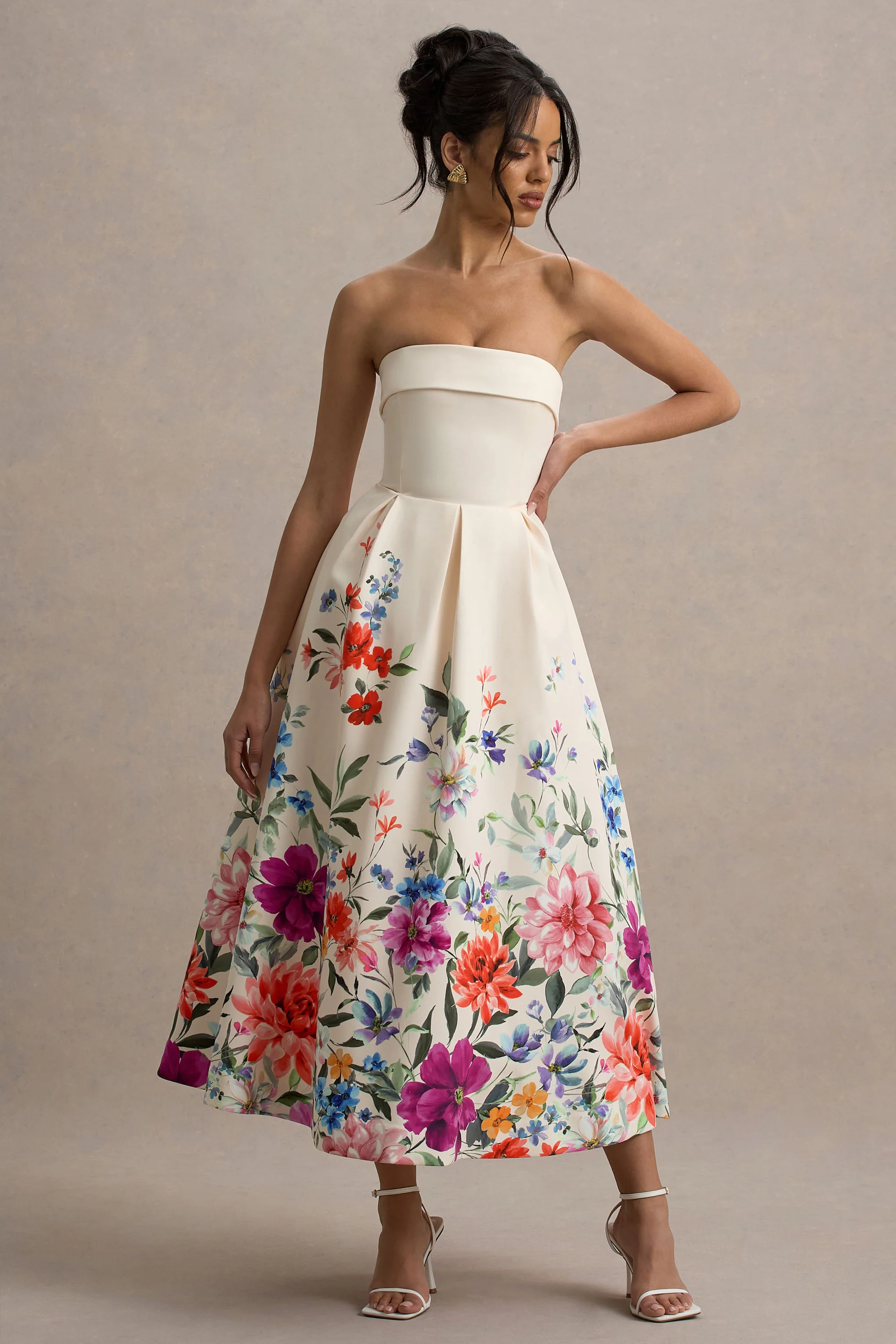 Annalise | Robe Mi-Longue Imprimé Floral Rose Évasée à Bandeau - Image 5