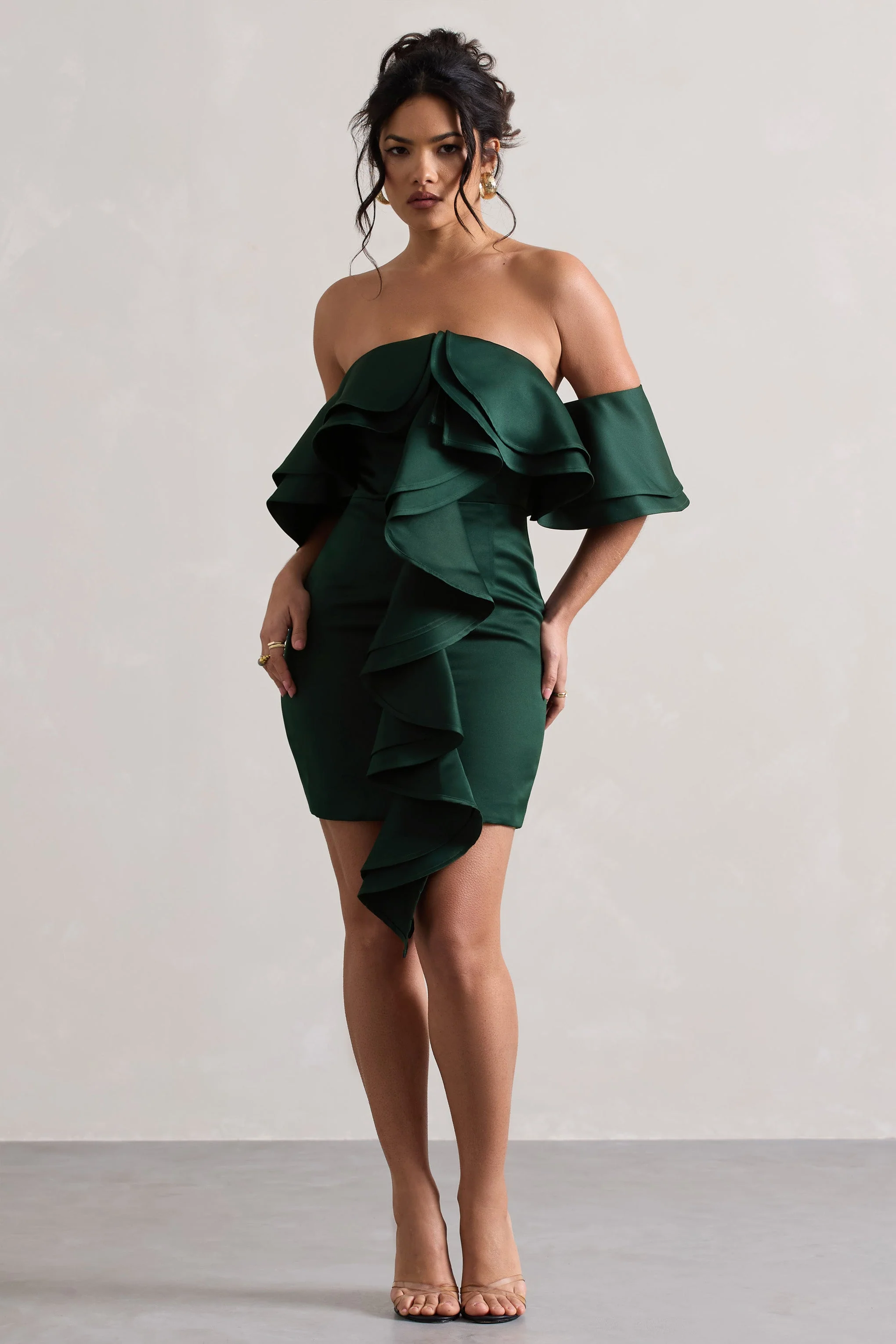 Aspen | Mini robe vert bouteille à encolure bardot et fronces - Image 3
