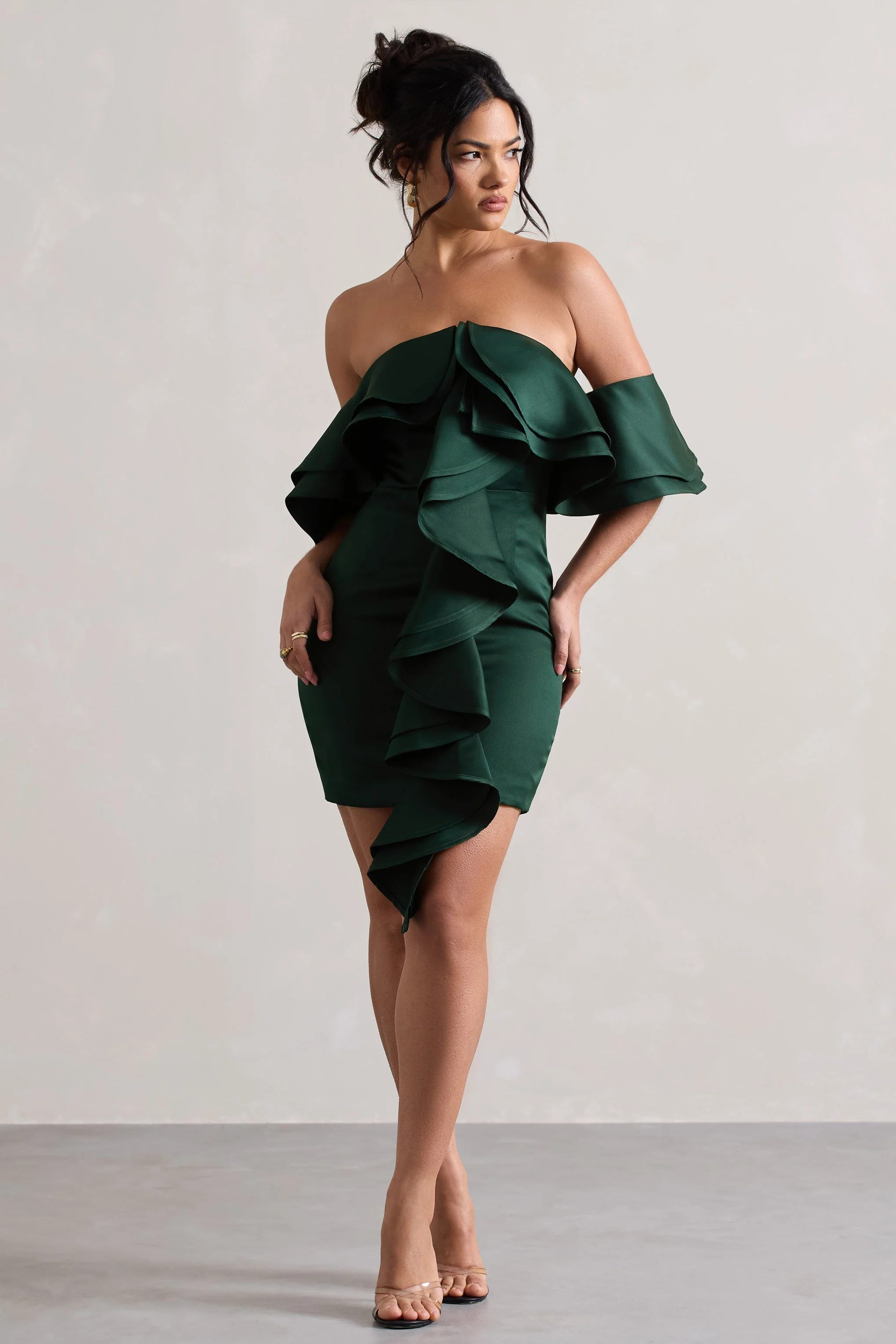 Aspen | Mini robe vert bouteille à encolure bardot et fronces - Image 5