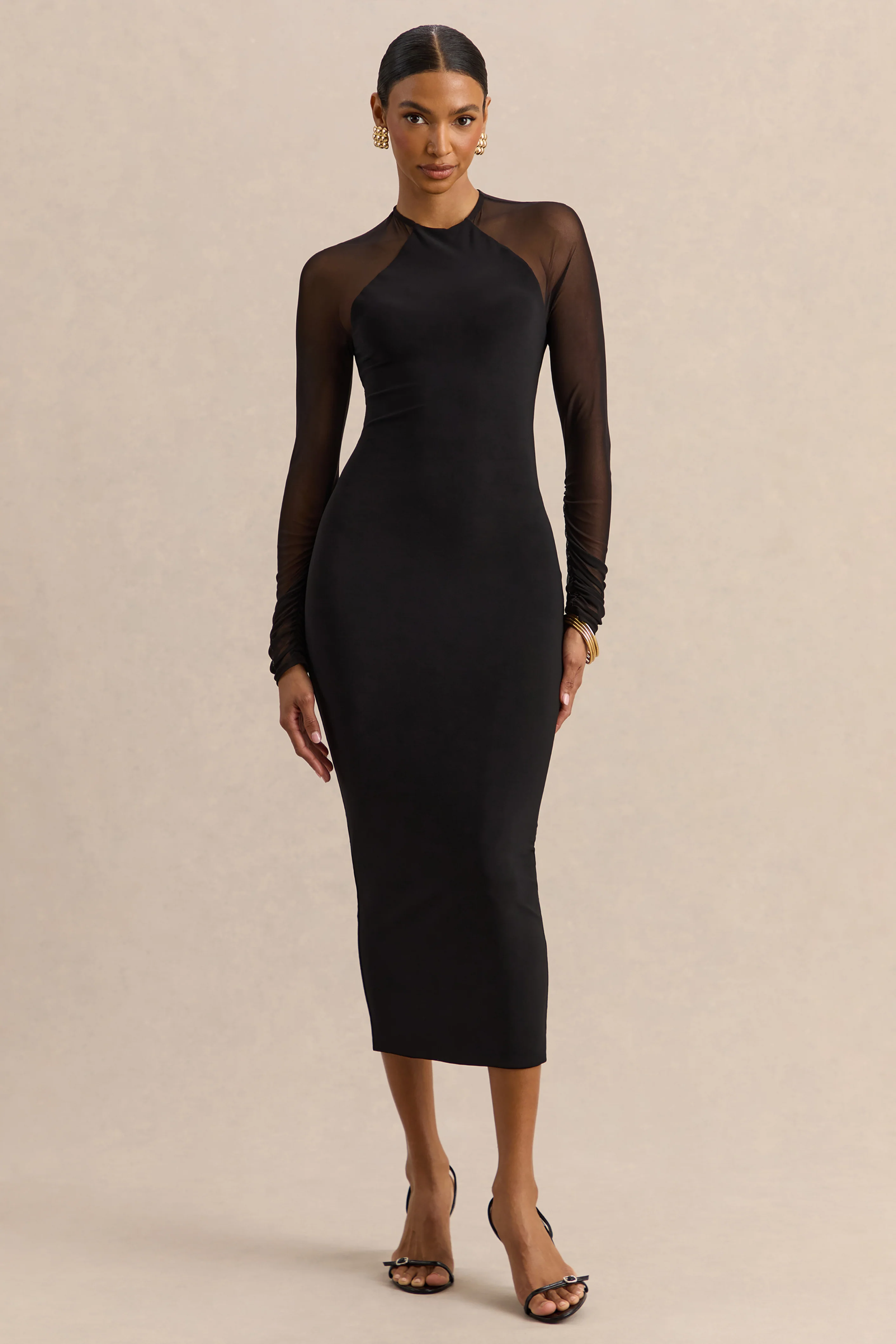 Aurevia | Robe mi-longue noire à encolure haute avec manches longues en mesh - Image 4