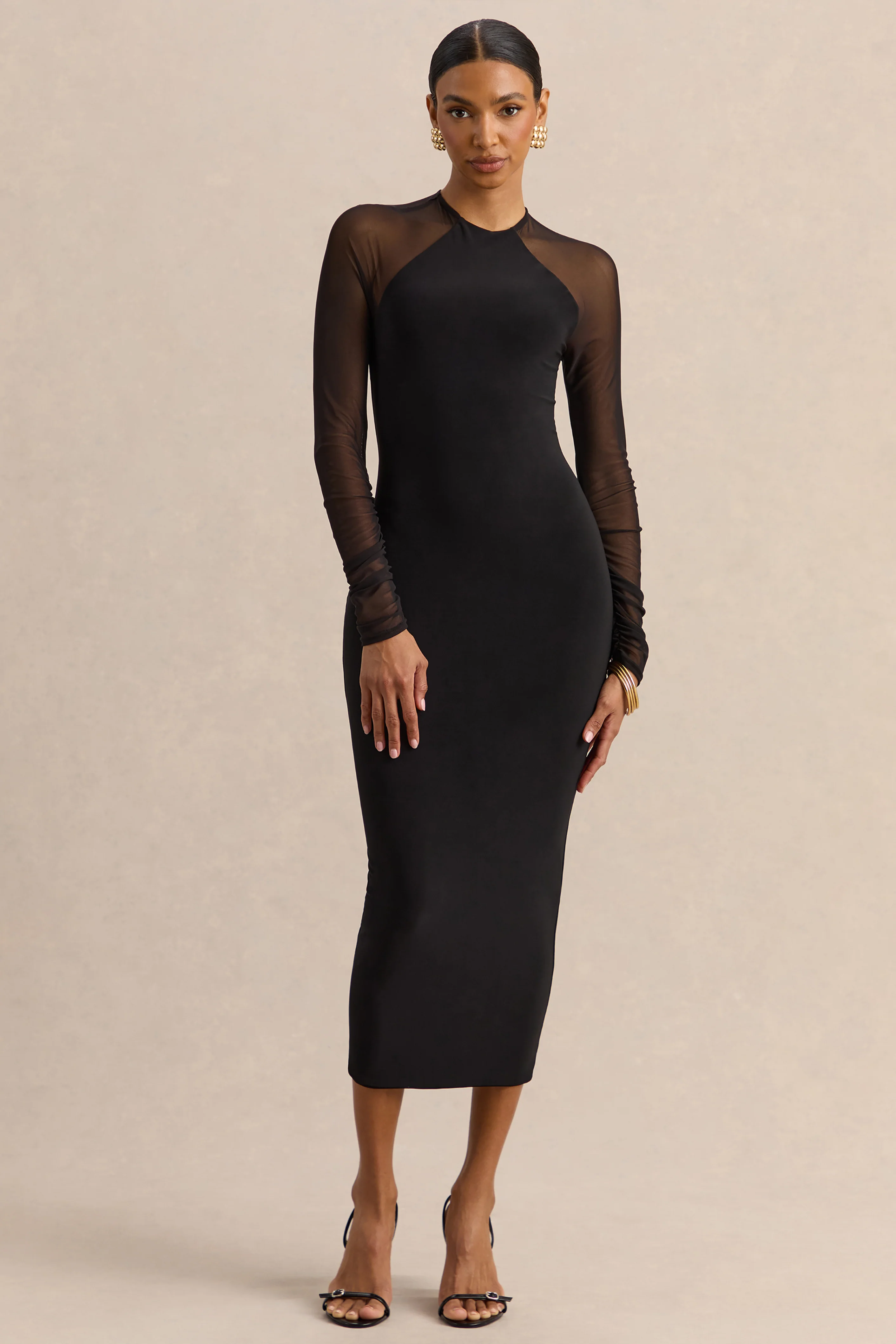 Aurevia | Robe mi-longue noire à encolure haute avec manches longues en mesh - Image 5