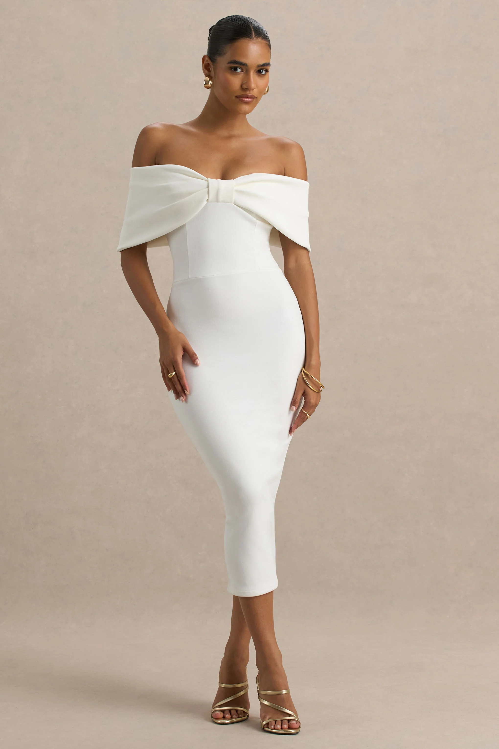 Bayshore | Robe Mi-Longue Blanche Bardot à Nœud