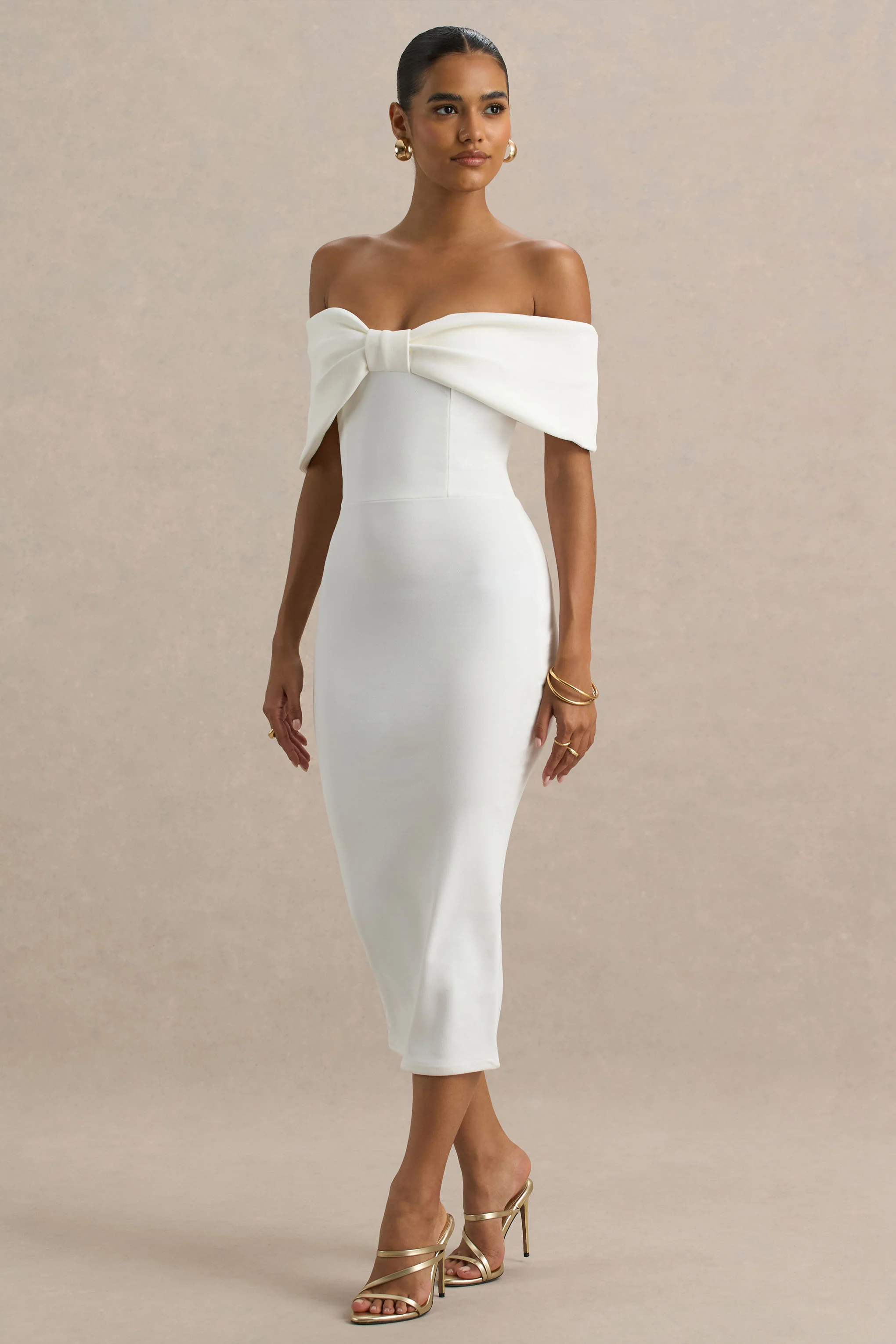 Bayshore | Robe Mi-Longue Blanche Bardot à Nœud - Image 3