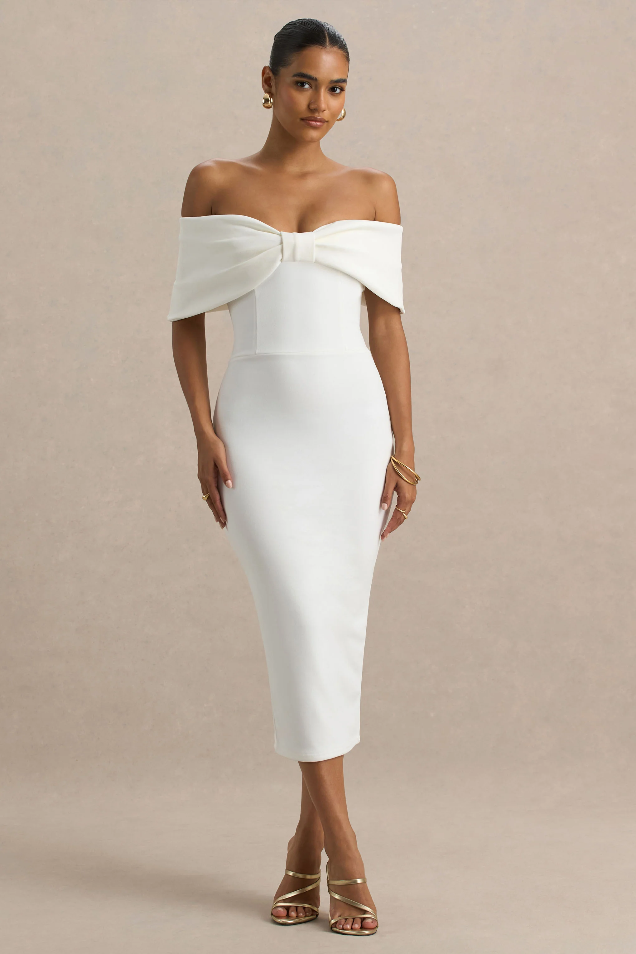 Bayshore | Robe Mi-Longue Blanche Bardot à Nœud - Image 4