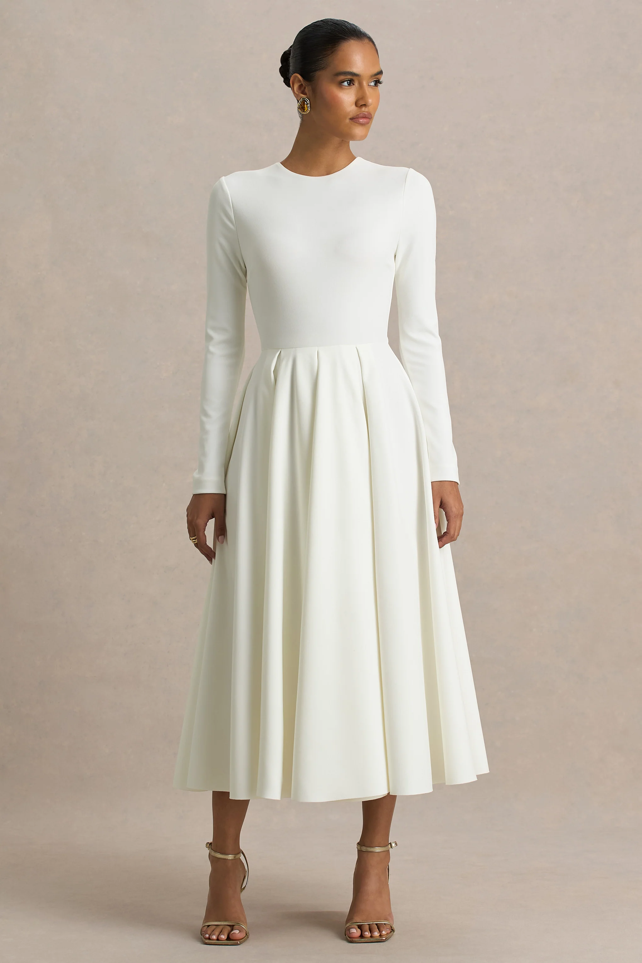 Bellamy | Robe Mi-Longue Crème à Col Rond et Manches Longues