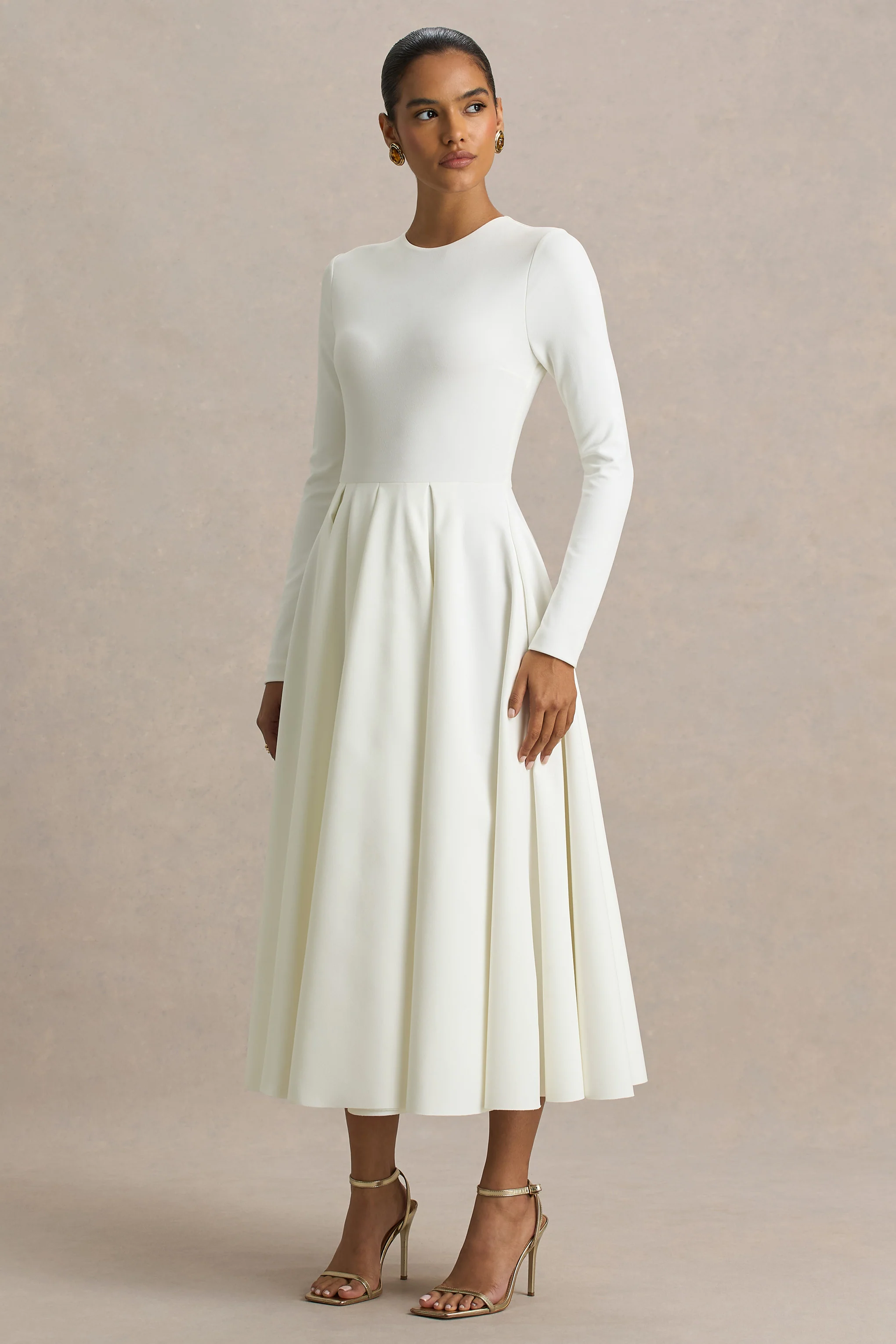 Bellamy | Robe Mi-Longue Crème à Col Rond et Manches Longues - Image 3