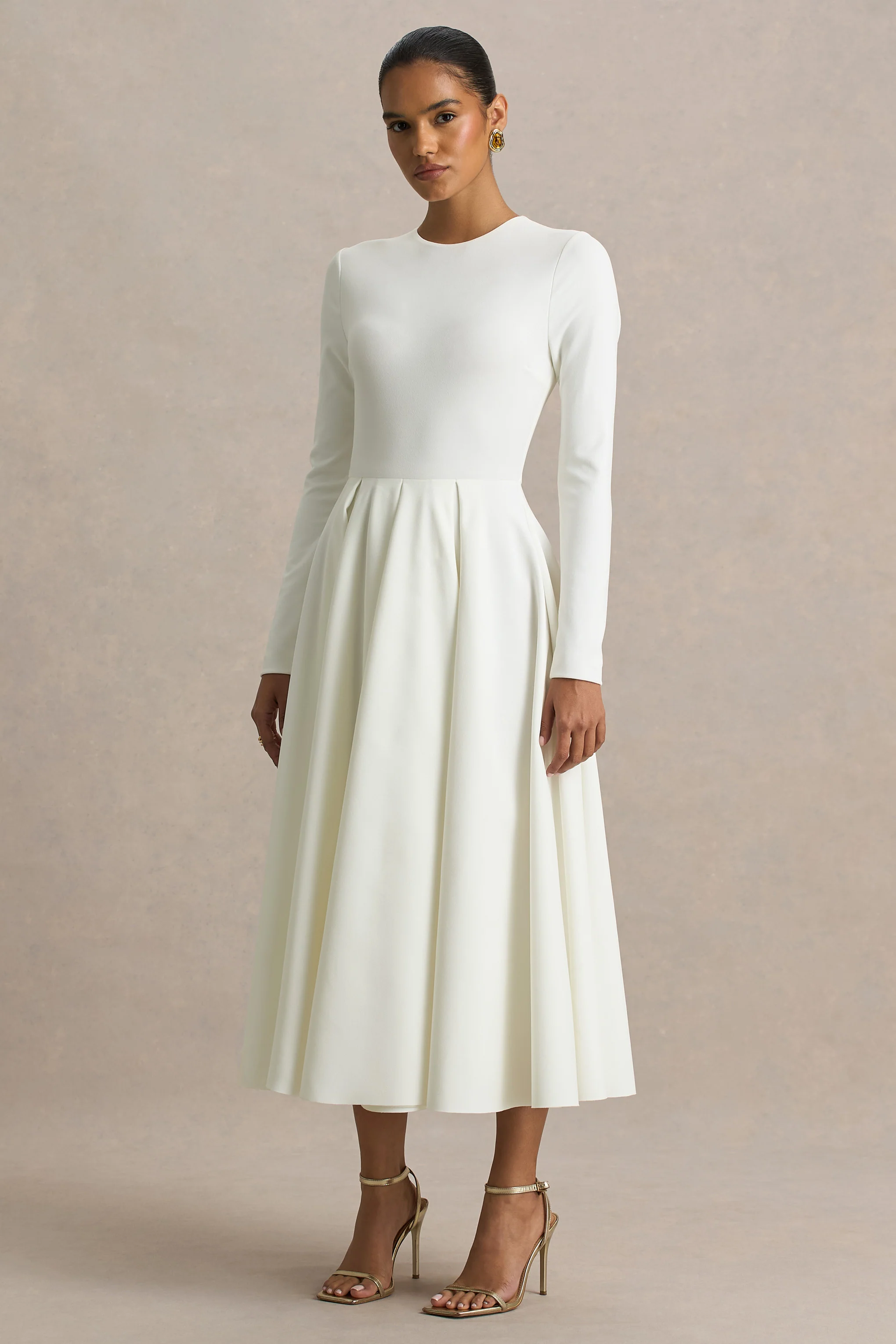 Bellamy | Robe Mi-Longue Crème à Col Rond et Manches Longues - Image 5