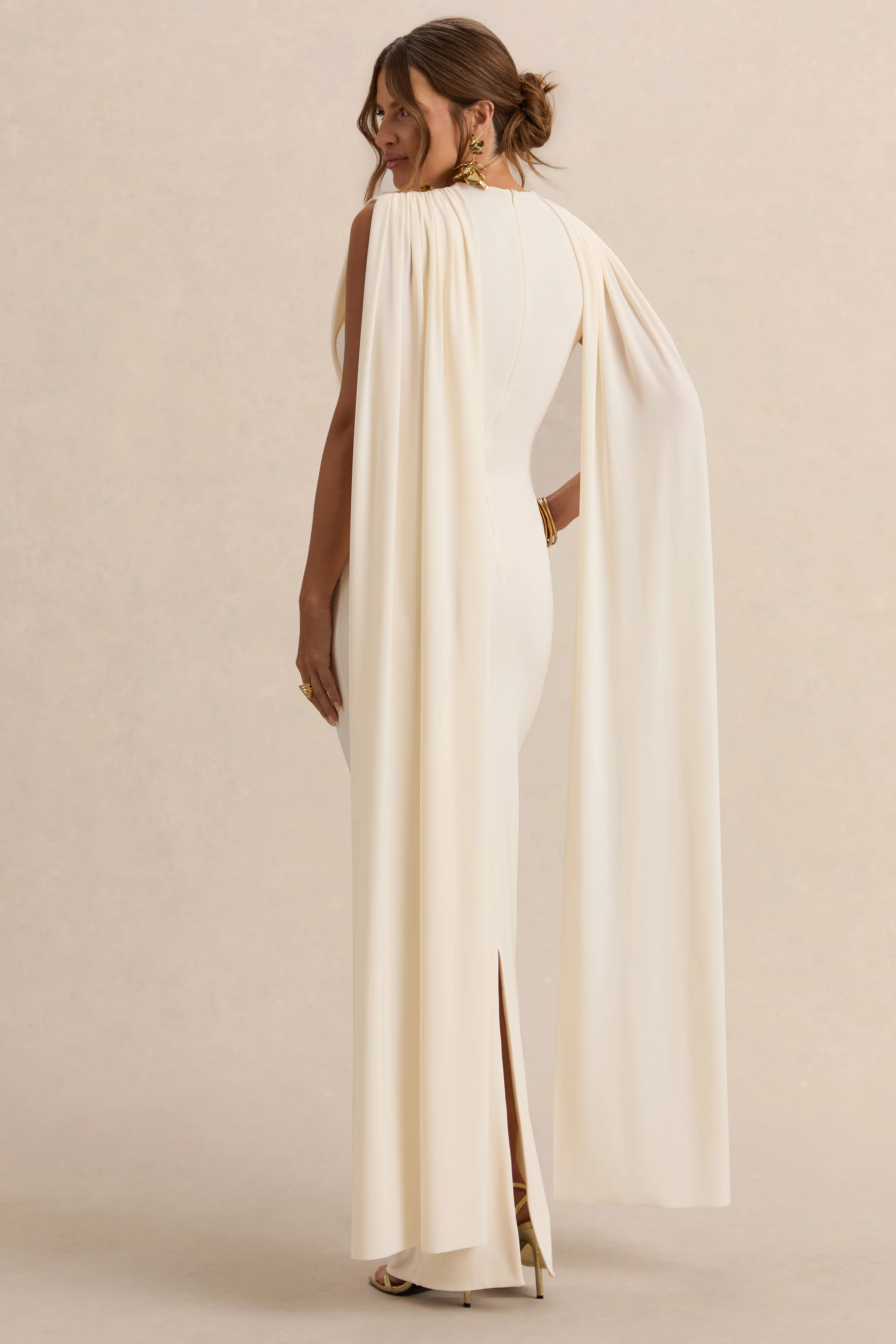 Belva | Robe longue de maternité crème à encolure ronde avec détail cape - Image 2
