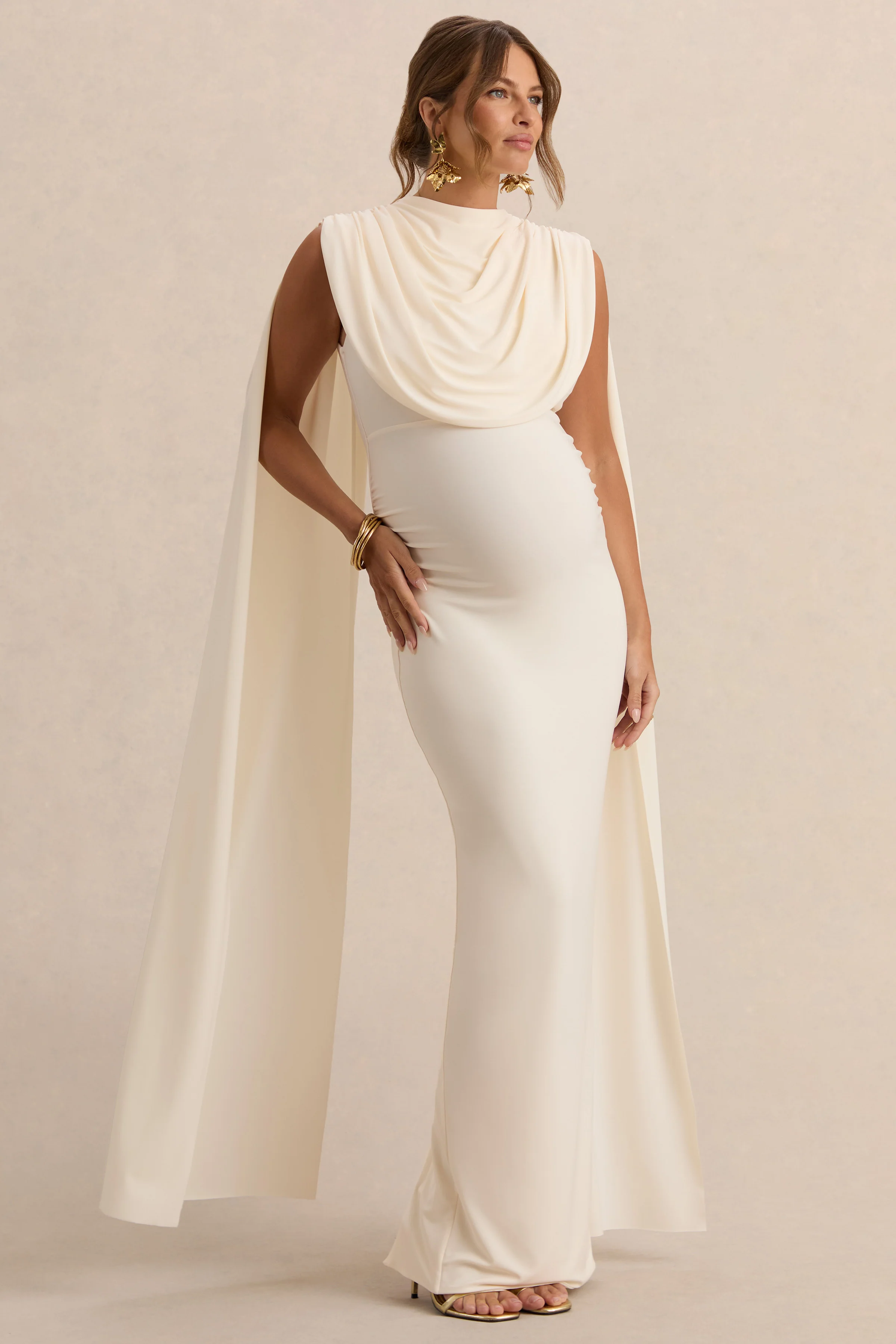 Belva | Robe longue de maternité crème à encolure ronde avec détail cape - Image 3