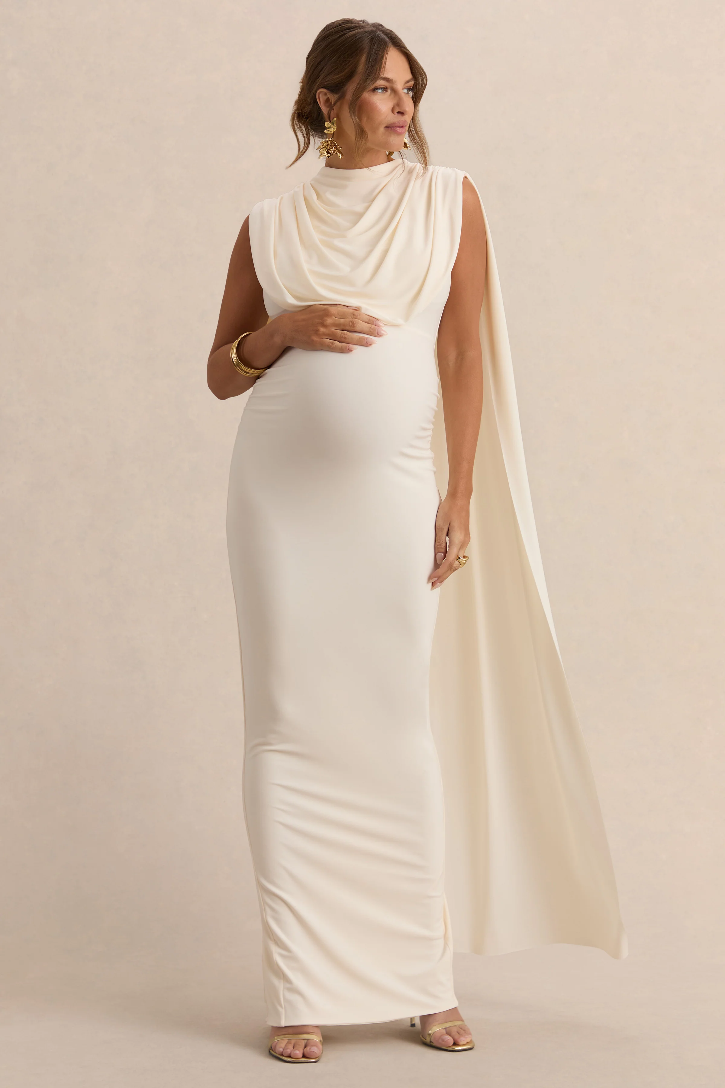Belva | Robe longue de maternité crème à encolure ronde avec détail cape - Image 6