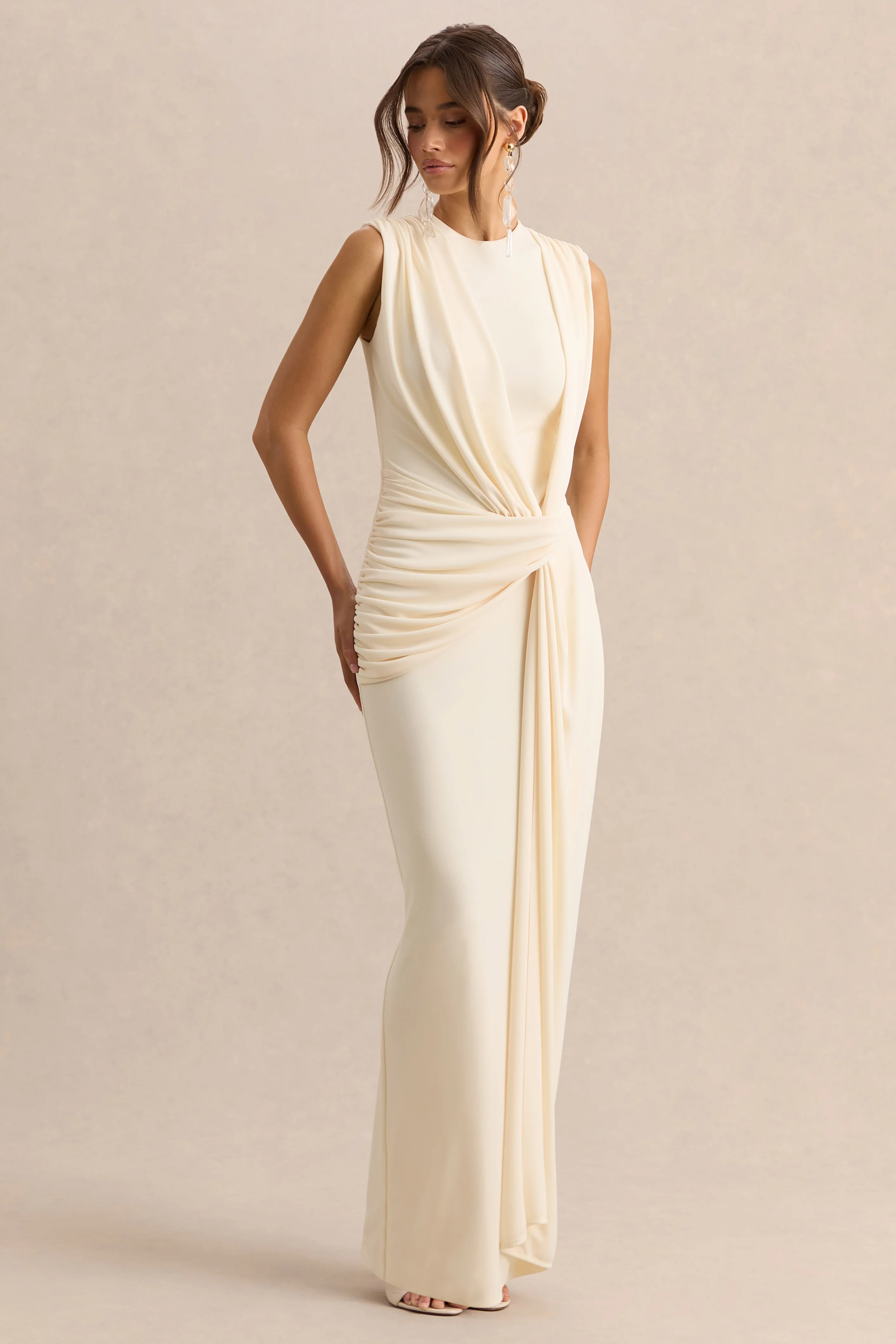 Blythia | Robe longue crème à encolure ronde avec détails froncés - Image 4