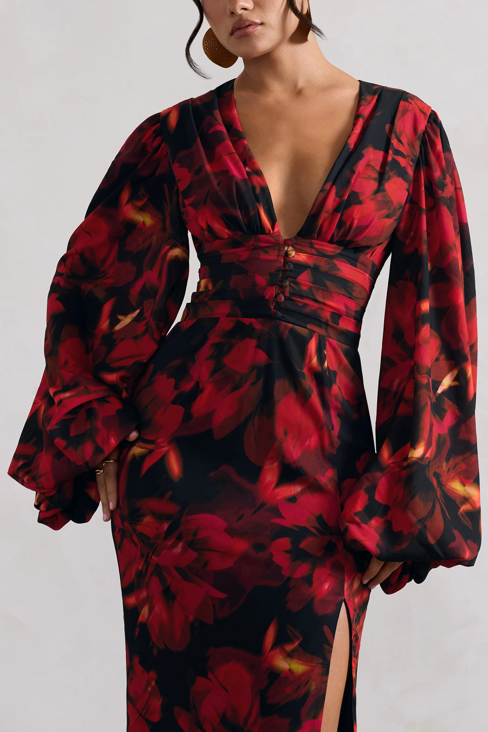 Casarile | Robe longue manches ballon et chiffon premium à imprimé floral rouge - Image 3