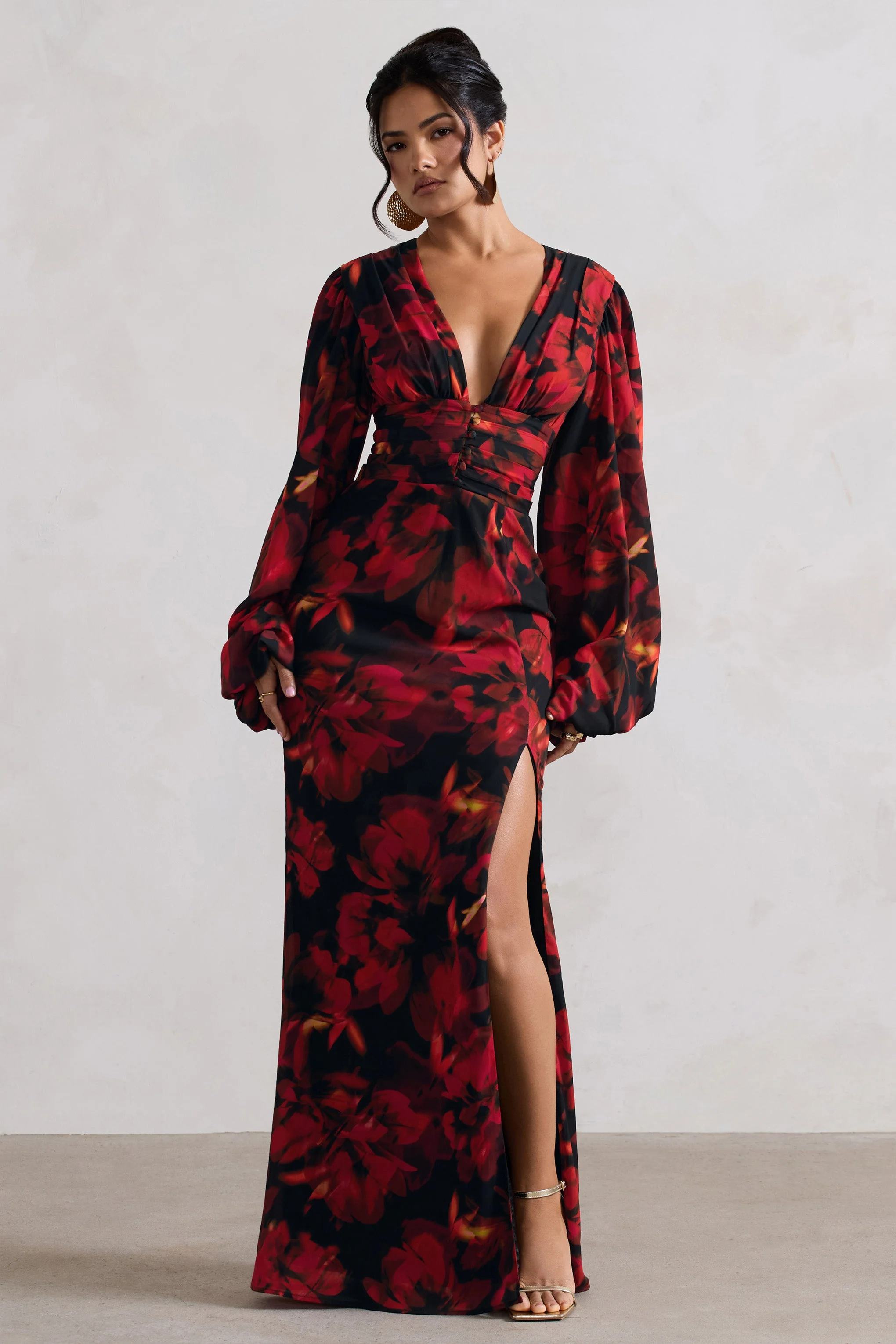 Casarile | Robe longue manches ballon et chiffon premium à imprimé floral rouge - Image 4