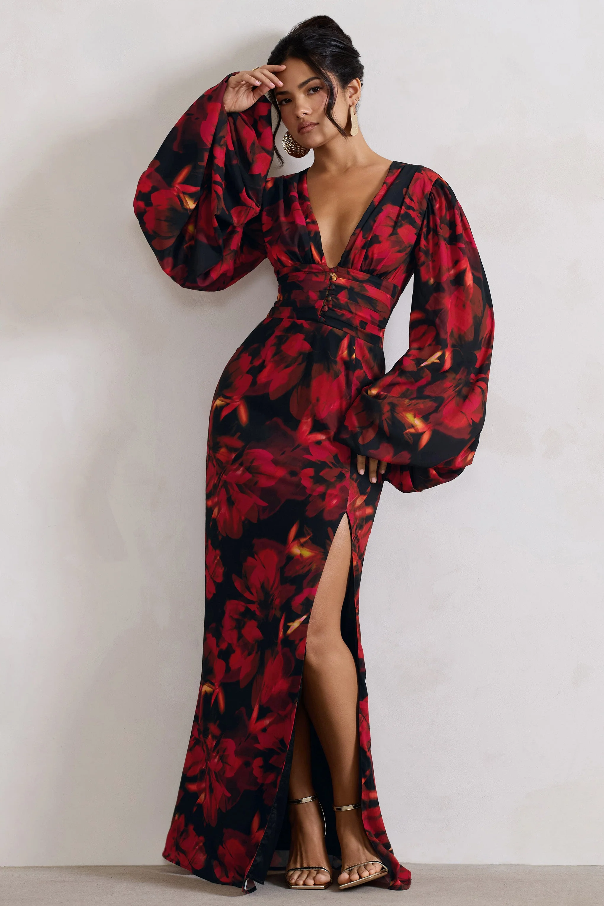 Casarile | Robe longue manches ballon et chiffon premium à imprimé floral rouge - Image 5