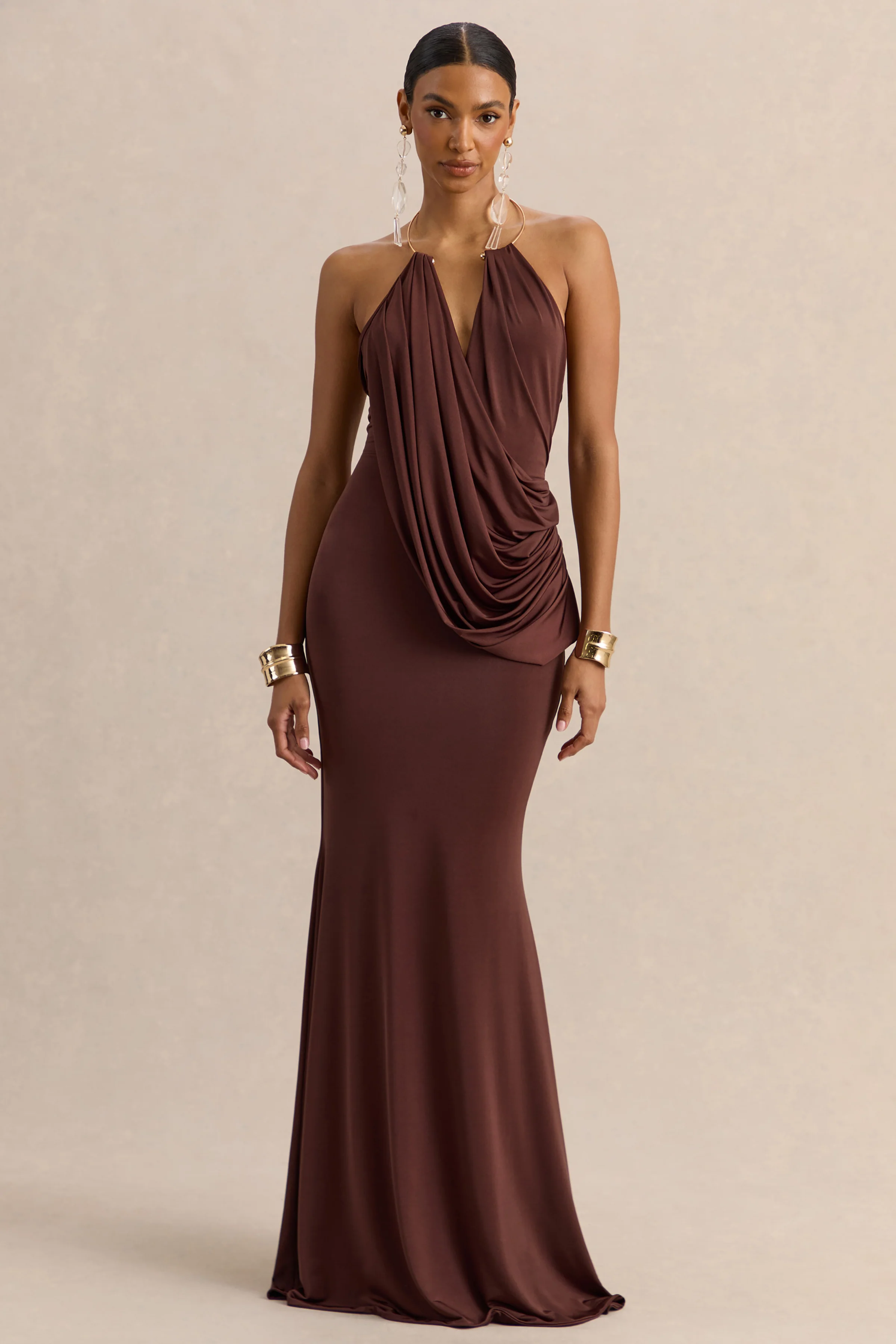 Chanterra | Robe longue marron à encolure dos nu avec détails drapés