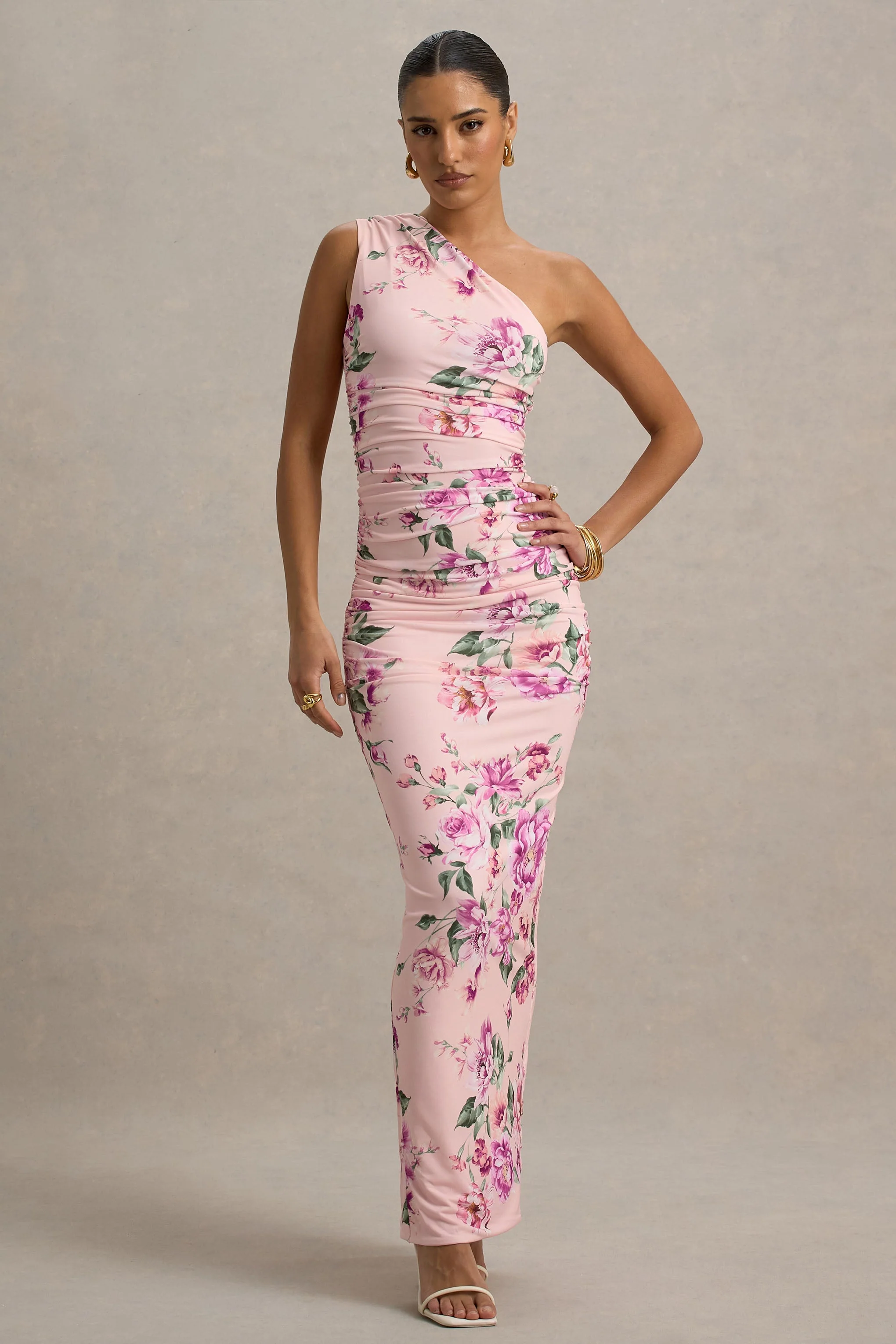 Dalarie | Robe Longue Asymétrique Froncée à Imprimé Floral Rose - Image 3