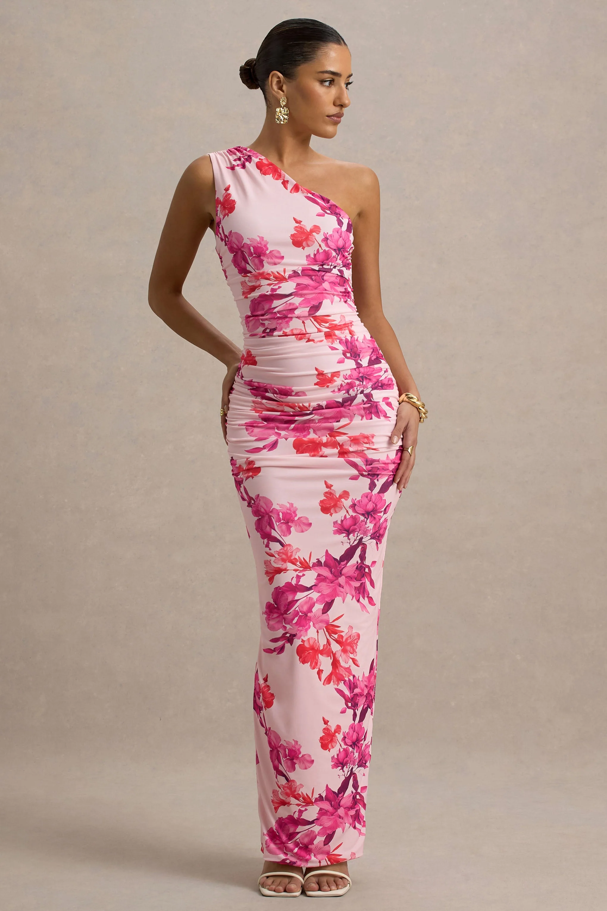 Dalarie | Robe Longue Asymétrique Froncée à Imprimé Floral Rose et Orange - Image 5