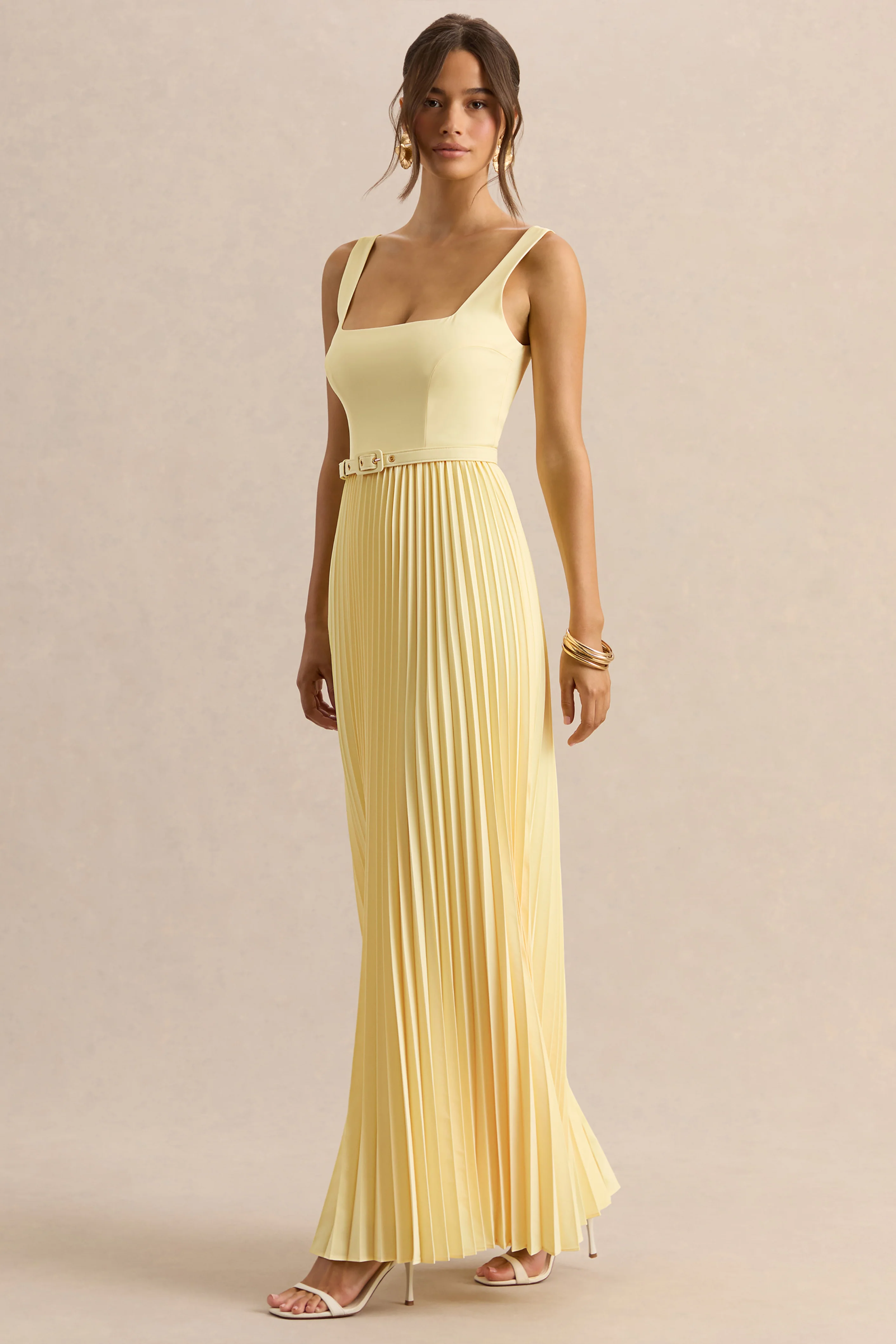 Danika | Robe longue citron à encolure carrée avec ceinture et jupe plissée - Image 4