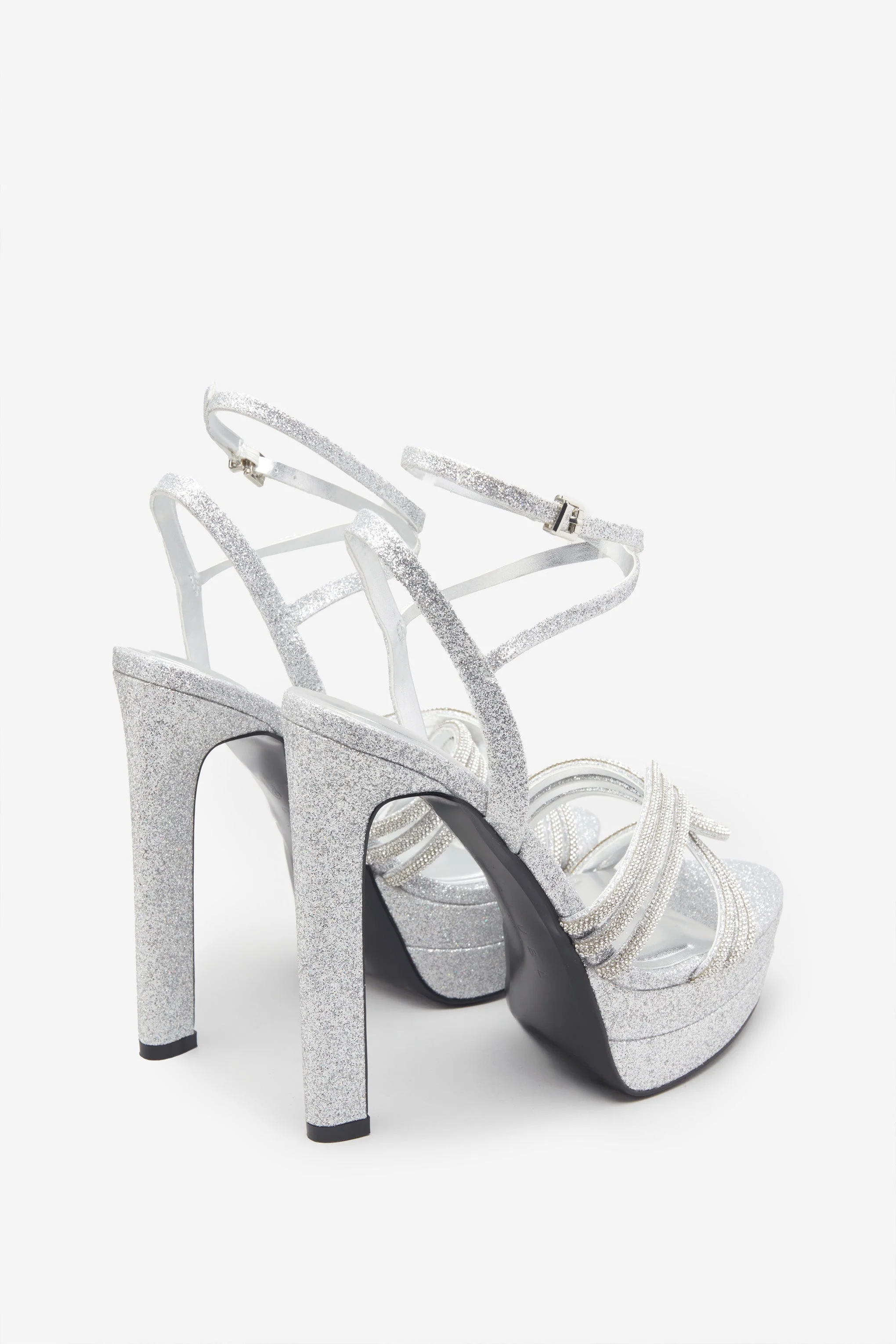 Doll Drama | Talons plateforme à lanières en satin argenté avec strass - Image 3