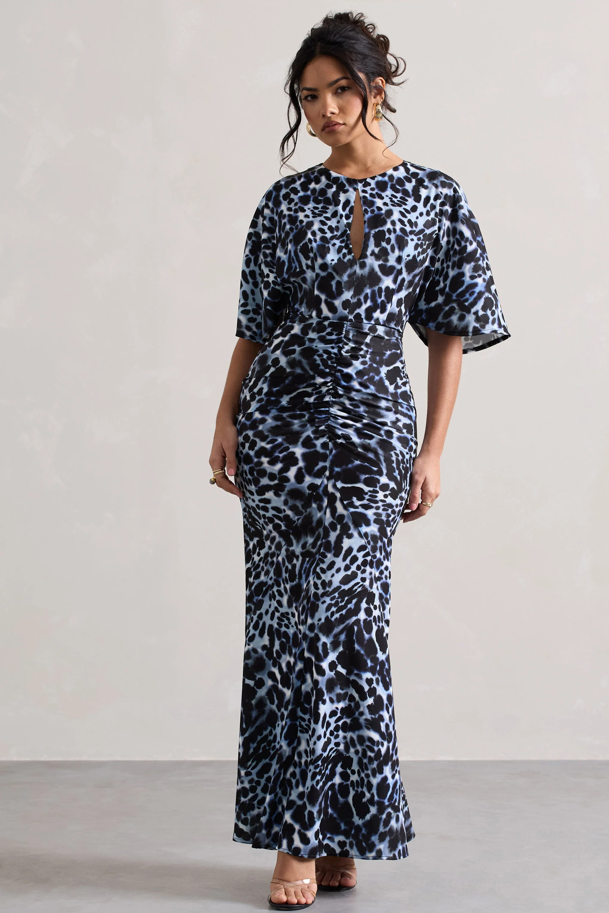 Elidy | Robe longue à imprimé animal froncée à manches flottantes et découpes - Image 4