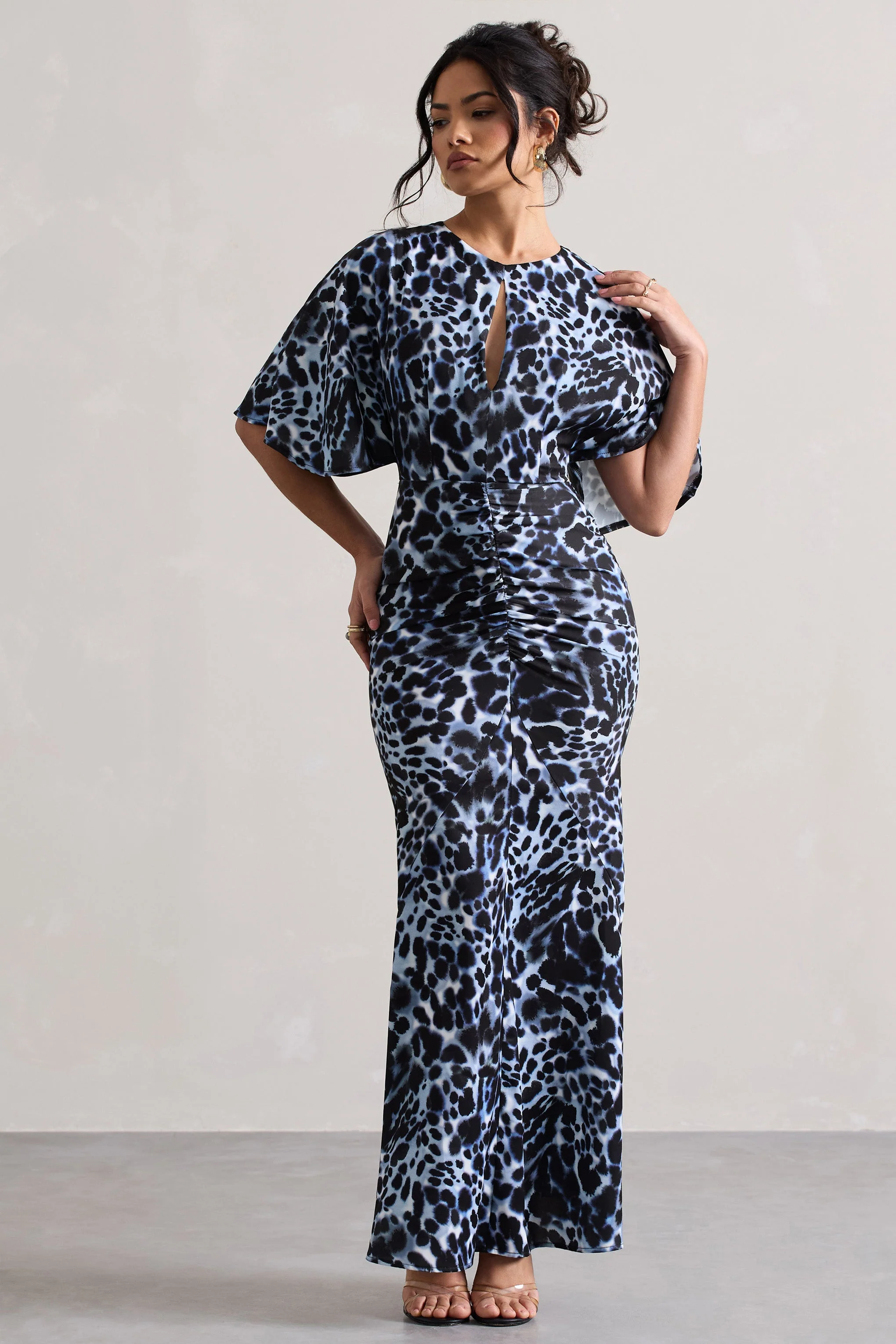 Elidy | Robe longue à imprimé animal froncée à manches flottantes et découpes - Image 5