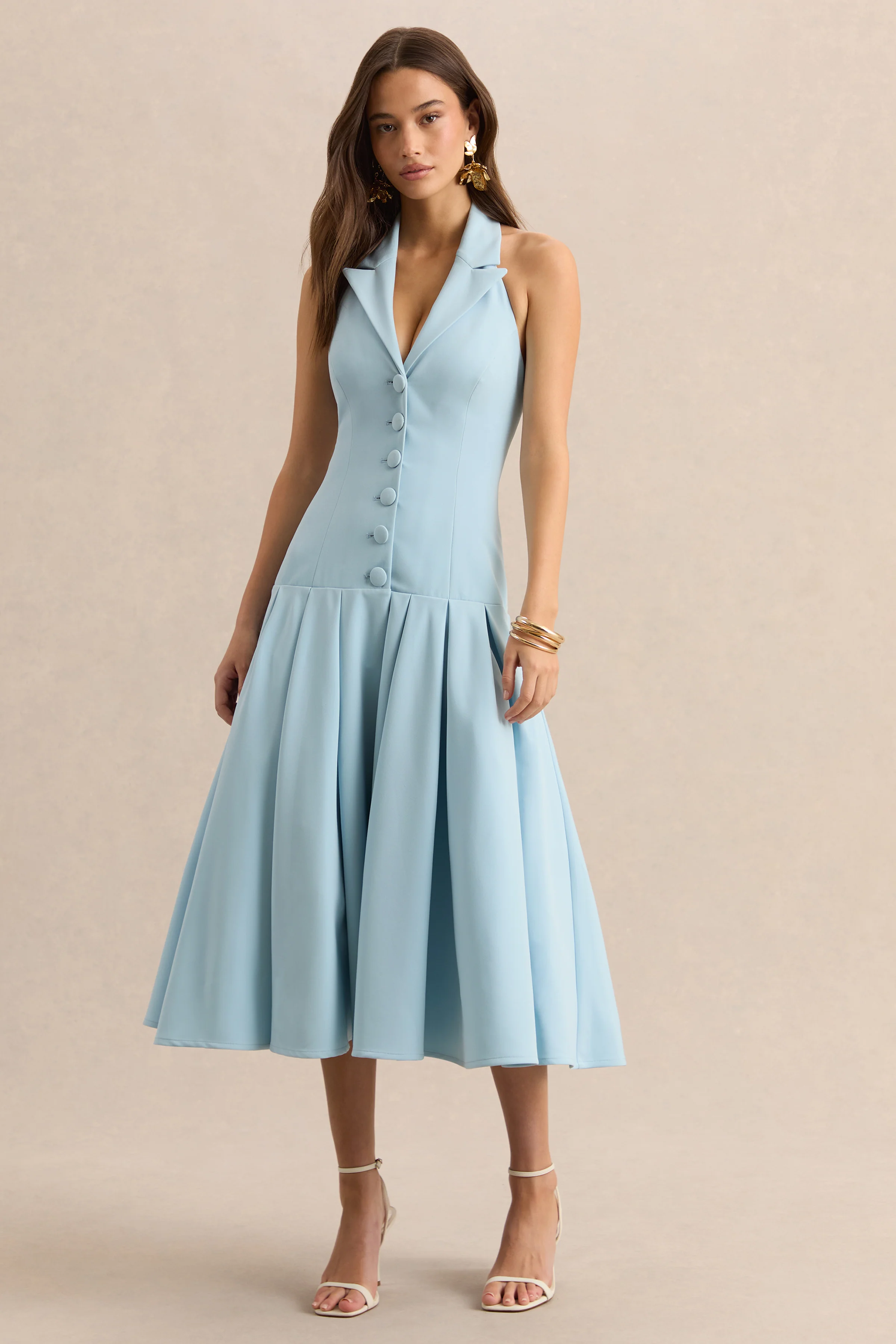 Elise | Robe mi-longue bleu poudre à décolleté plongeant avec taille basse