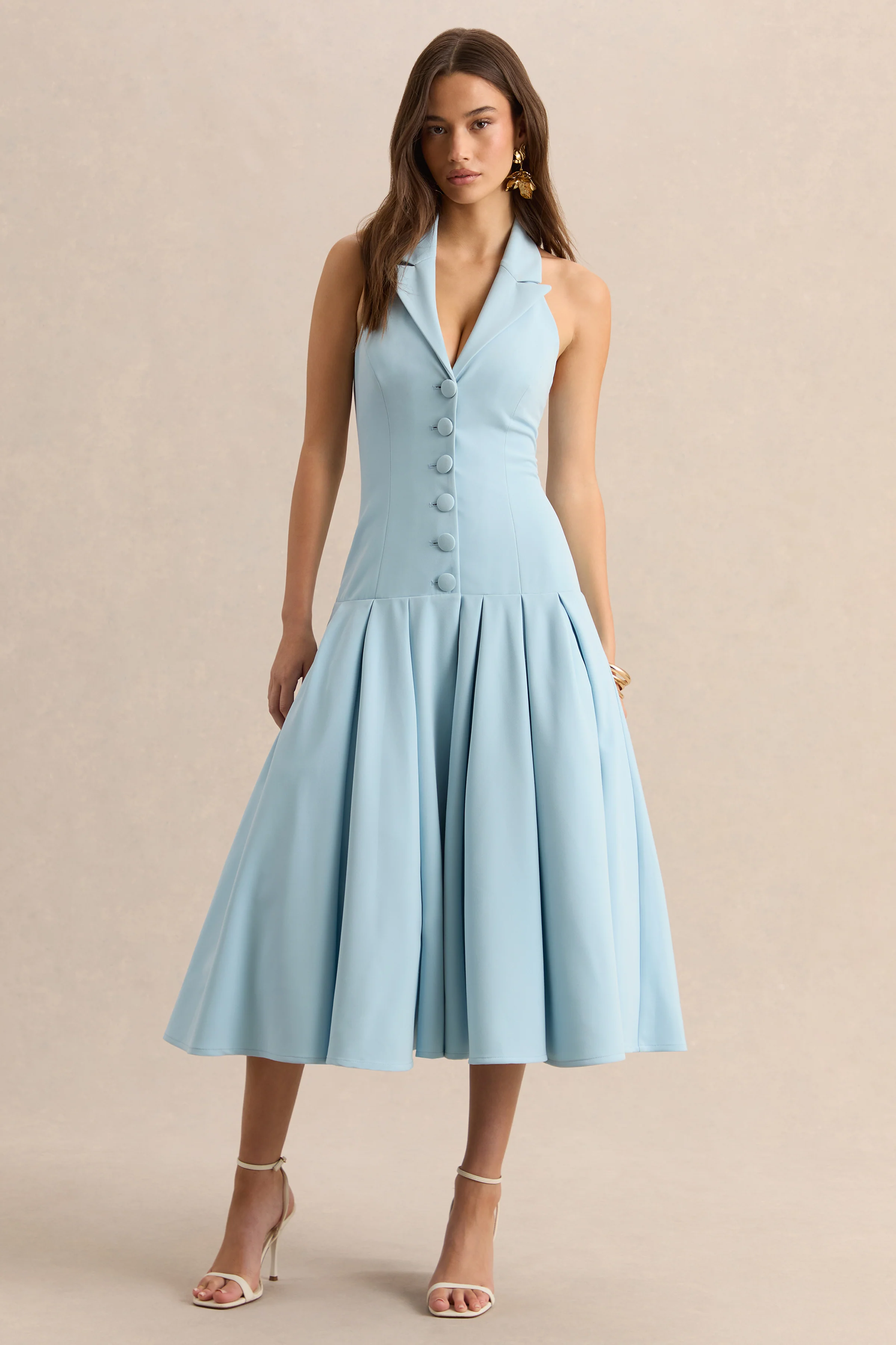 Elise | Robe mi-longue bleu poudre à décolleté plongeant avec taille basse - Image 5