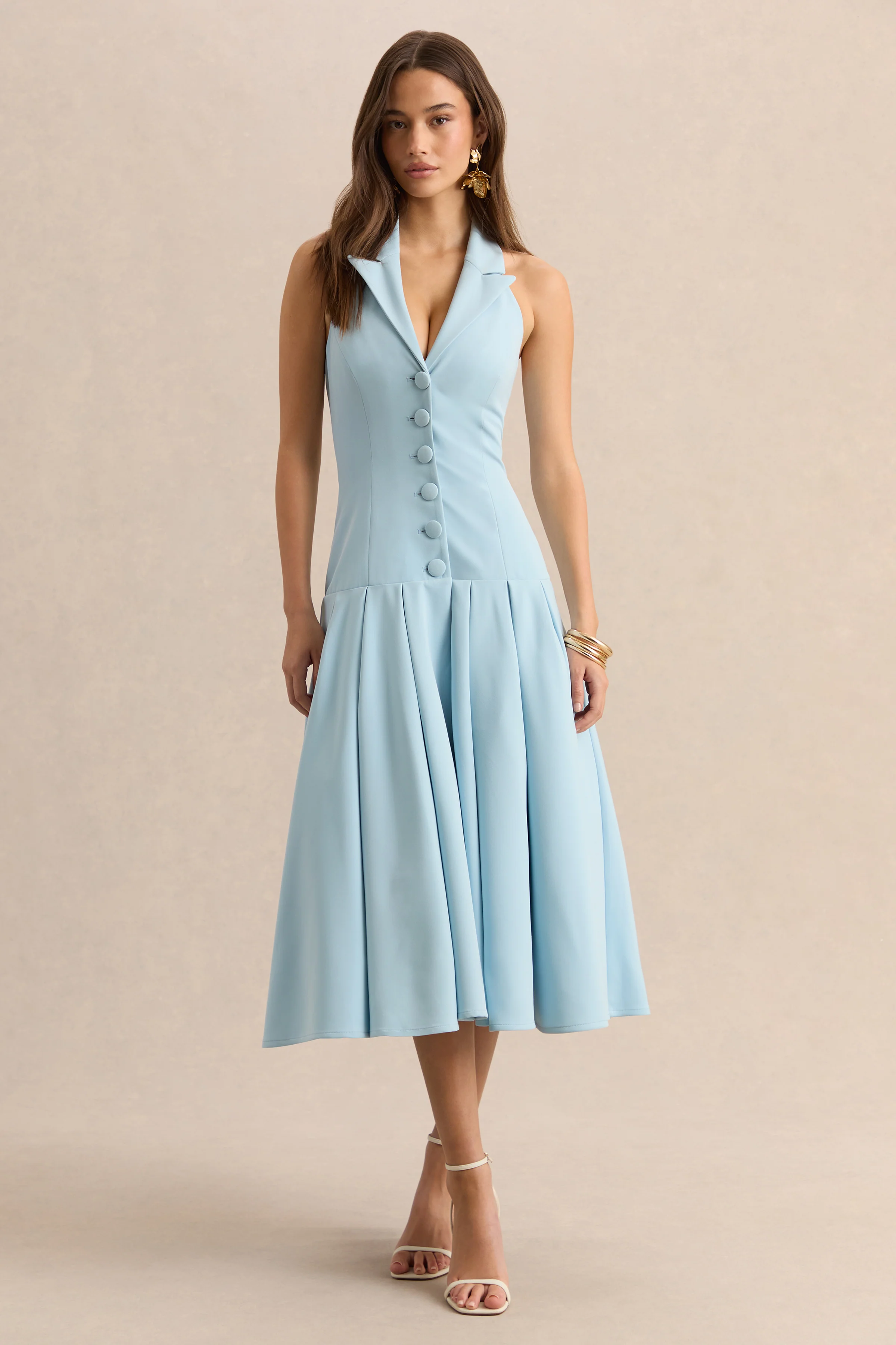 Elise | Robe mi-longue bleu poudre à décolleté plongeant avec taille basse - Image 6