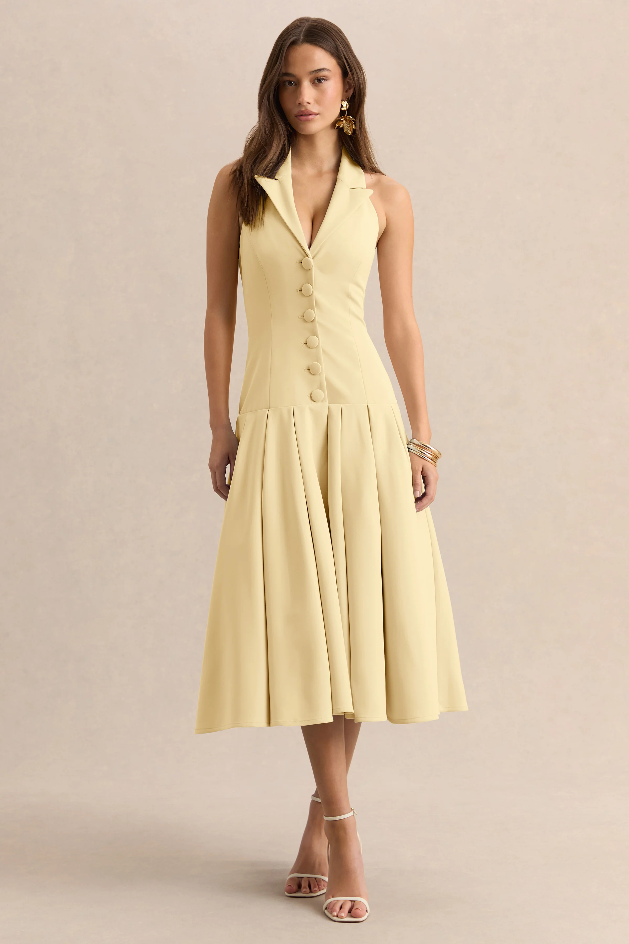Elise | Robe mi-longue citron à décolleté plongeant avec taille basse