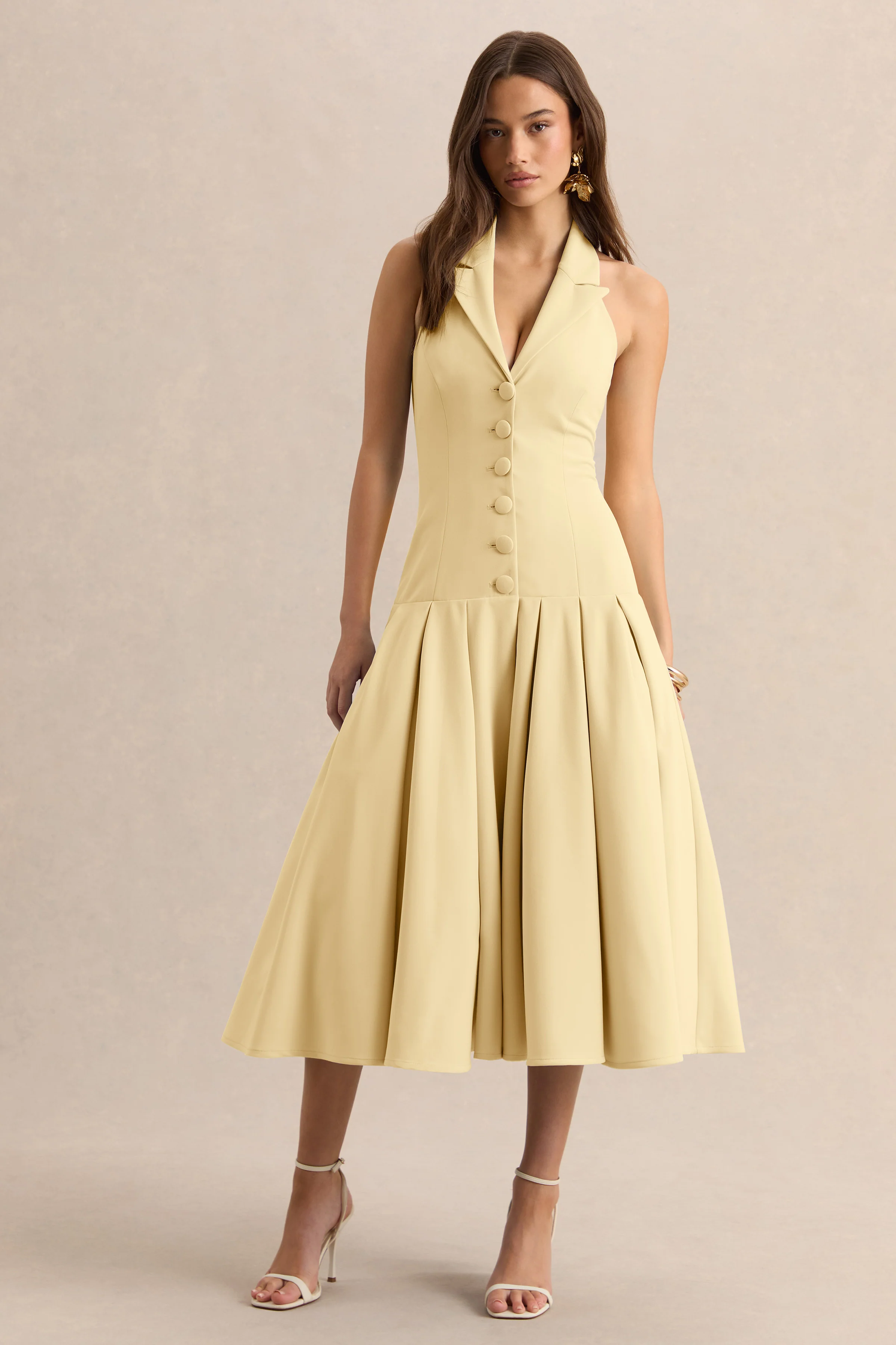 Elise | Robe mi-longue citron à décolleté plongeant avec taille basse - Image 5