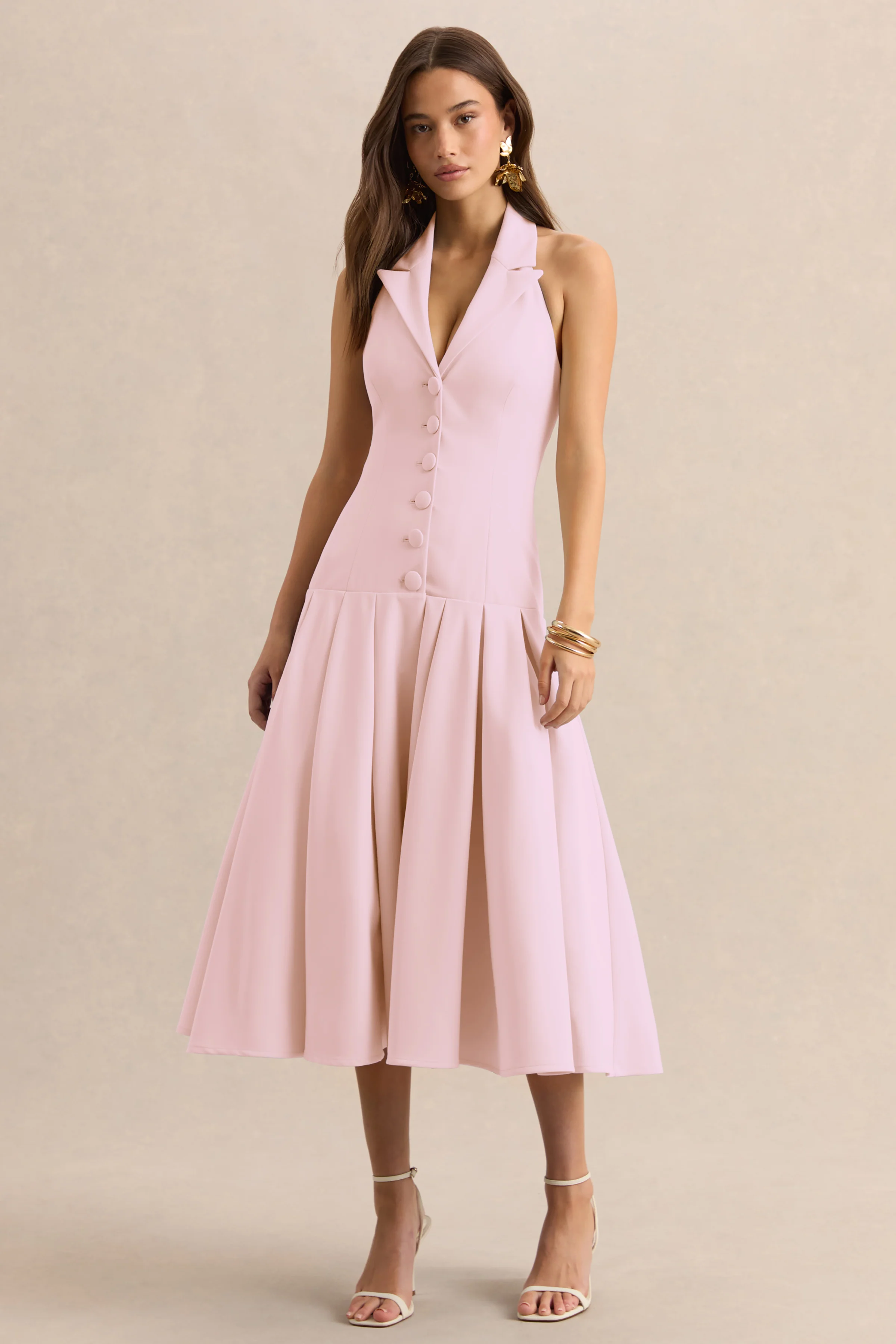 Elise | Robe mi-longue rose clair à décolleté plongeant avec taille basse - Image 4