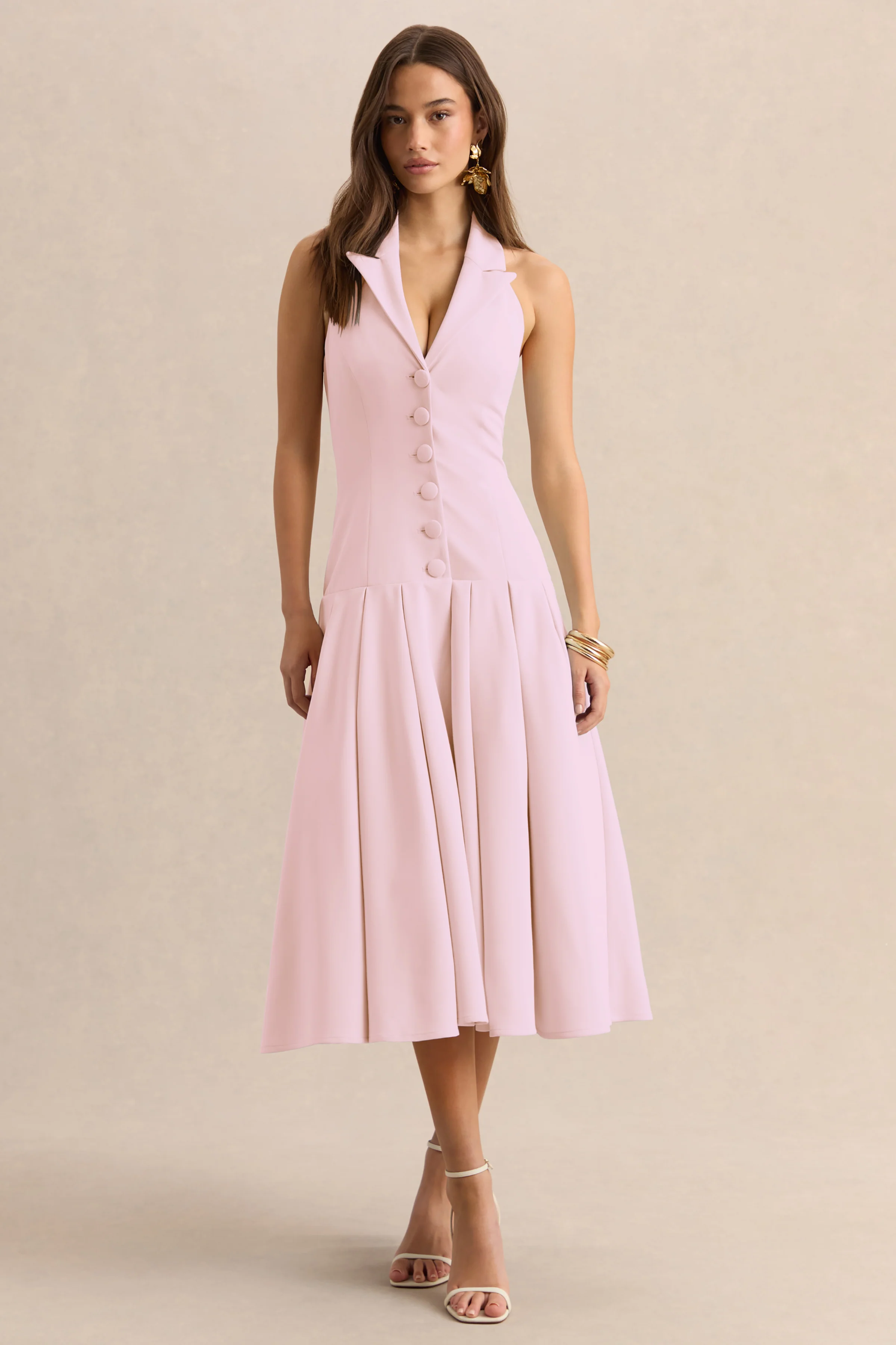 Elise | Robe mi-longue rose clair à décolleté plongeant avec taille basse - Image 5