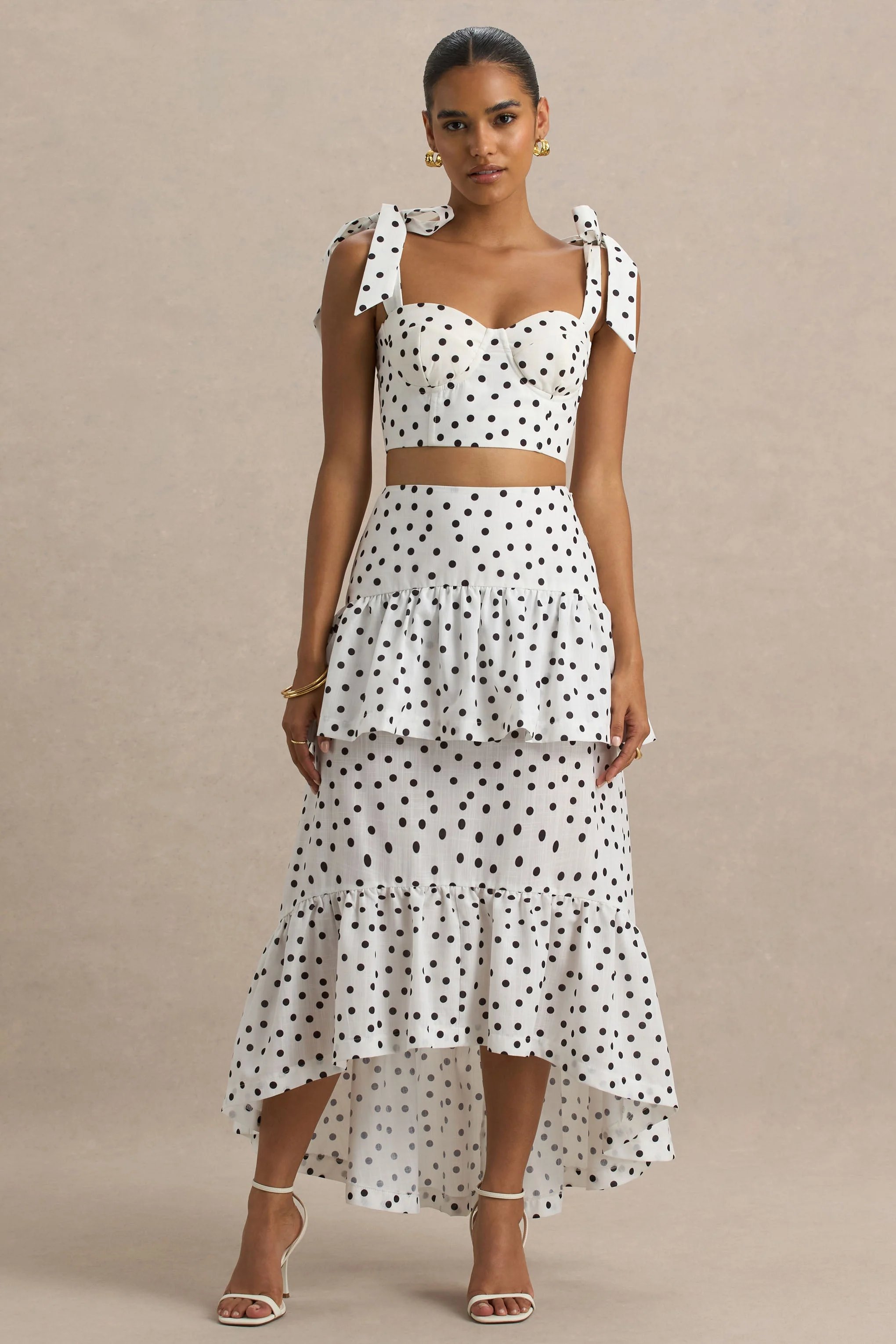 Emry | Jupe longue taille haute à imprimé pois blancs ornée de volants - Image 3