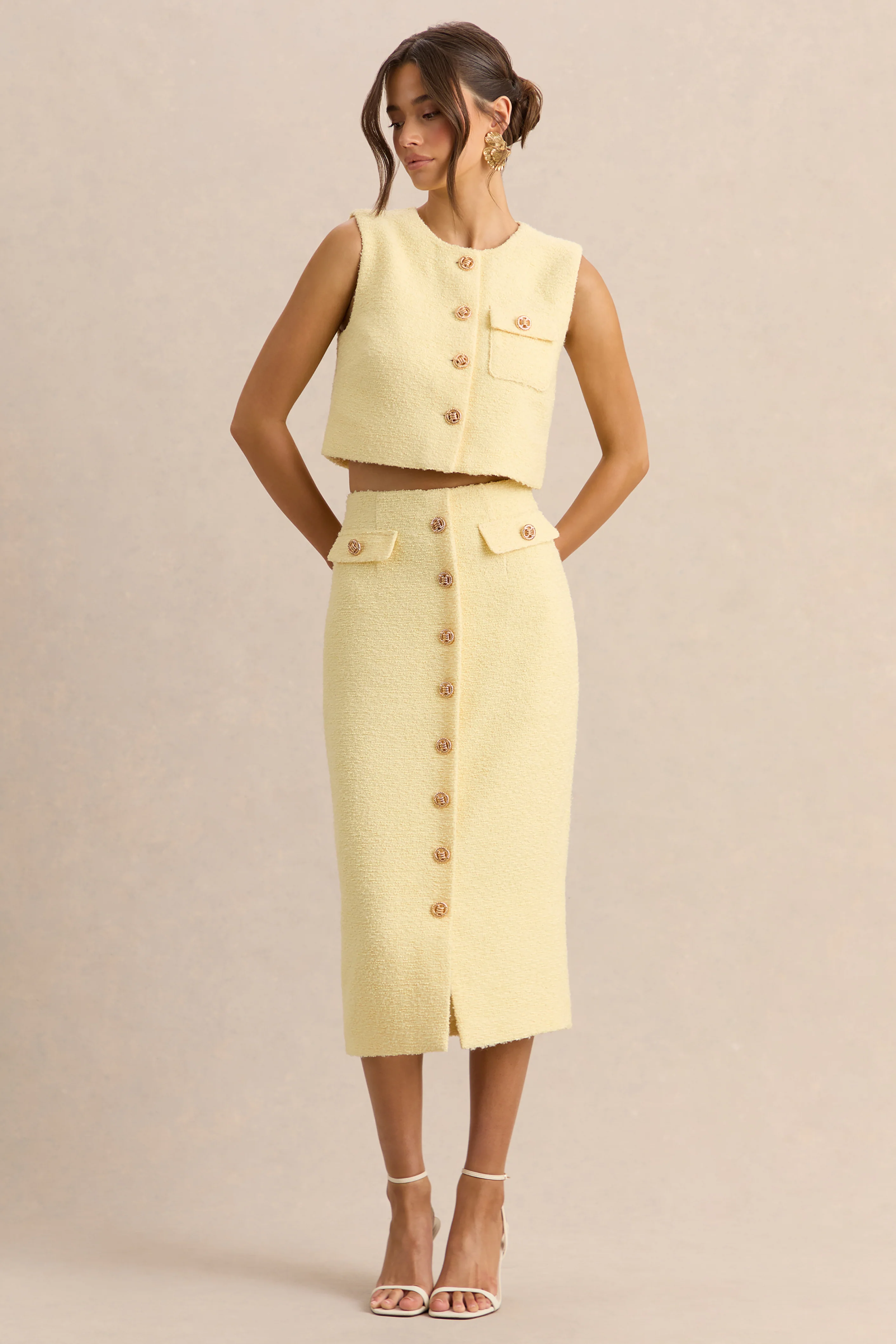 Glyra | Jupe mi-longue tailleur citron avec détails de boutons dorés