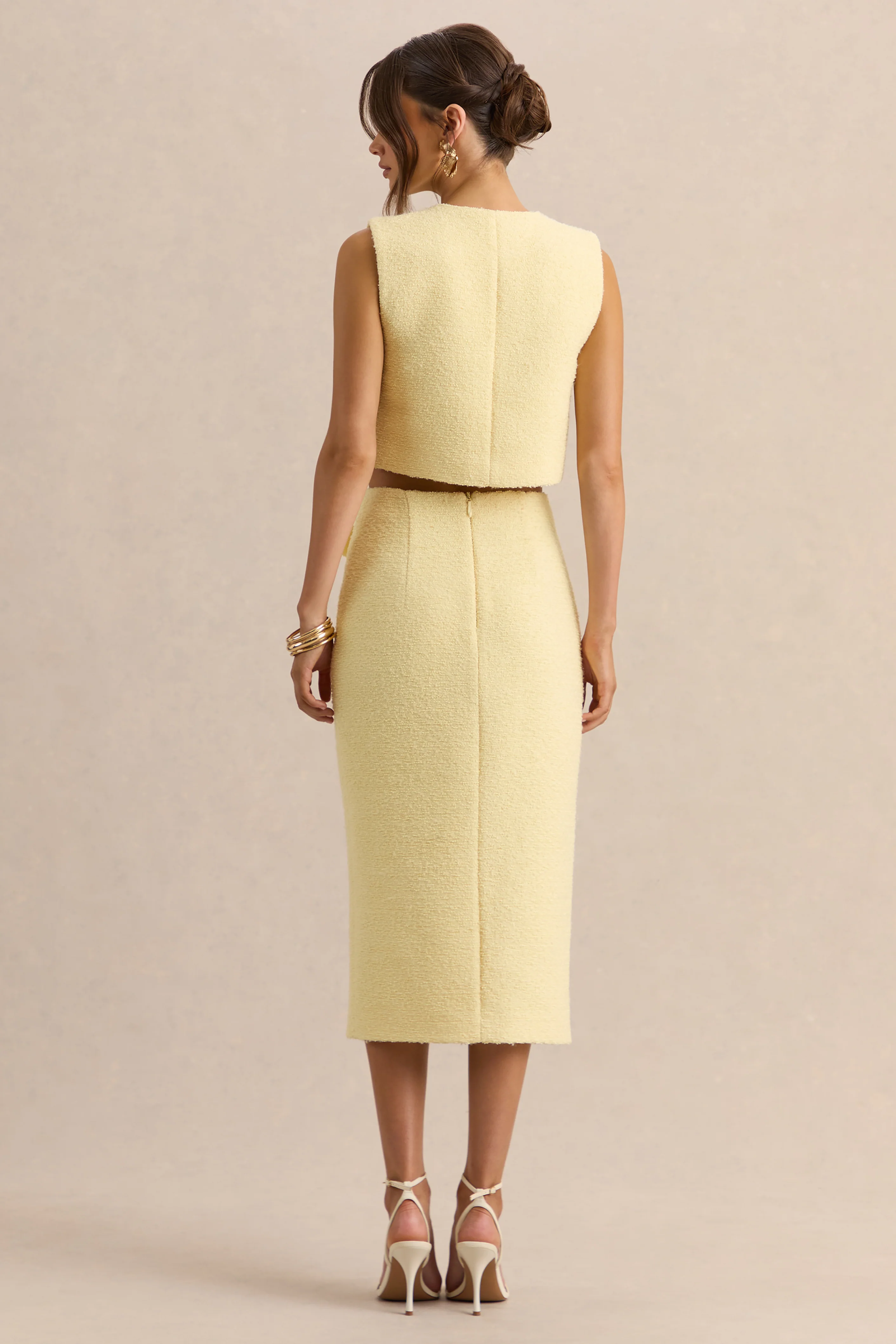 Glyra | Jupe mi-longue tailleur citron avec détails de boutons dorés - Image 2