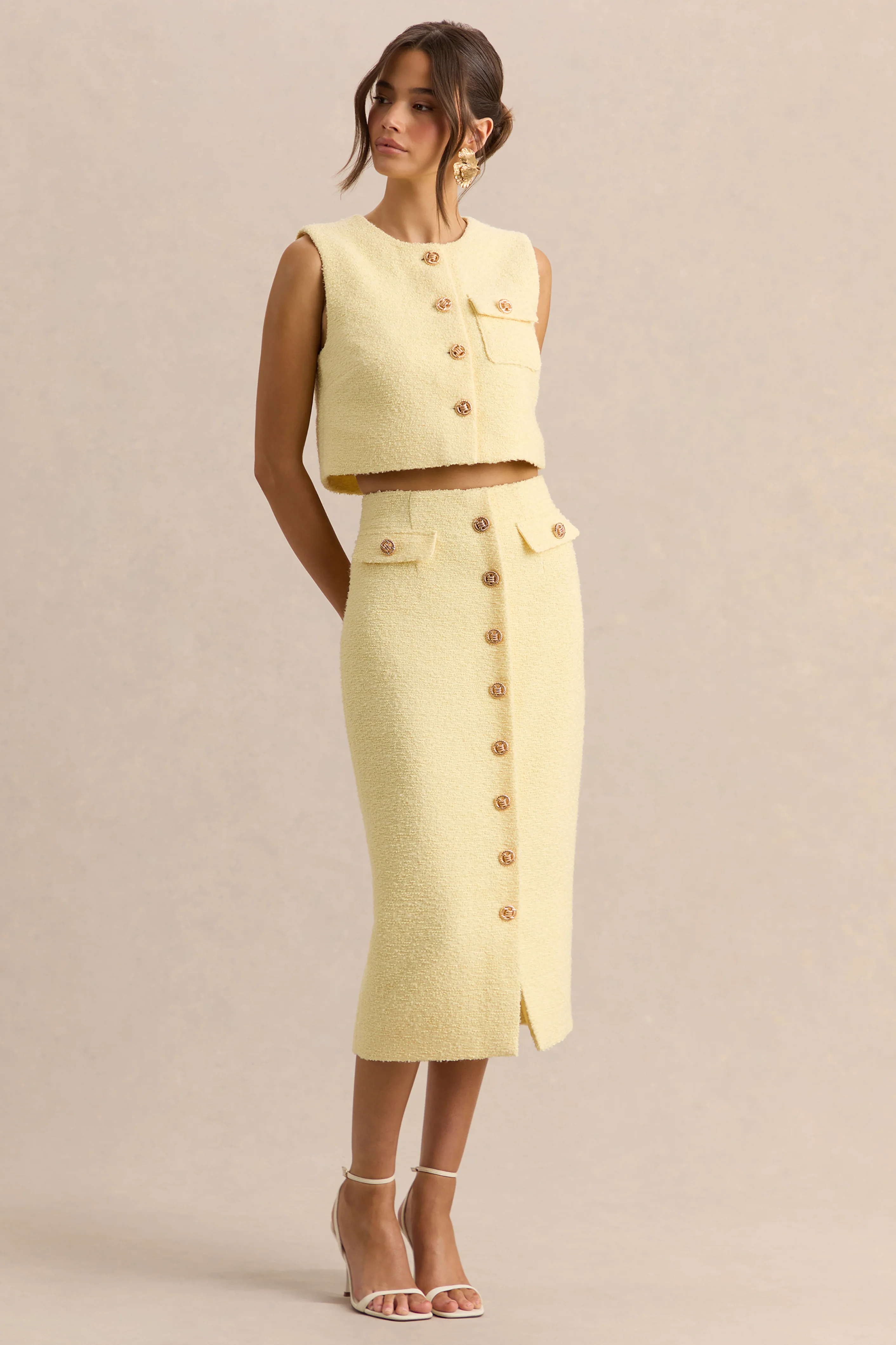 Glyra | Jupe mi-longue tailleur citron avec détails de boutons dorés - Image 5