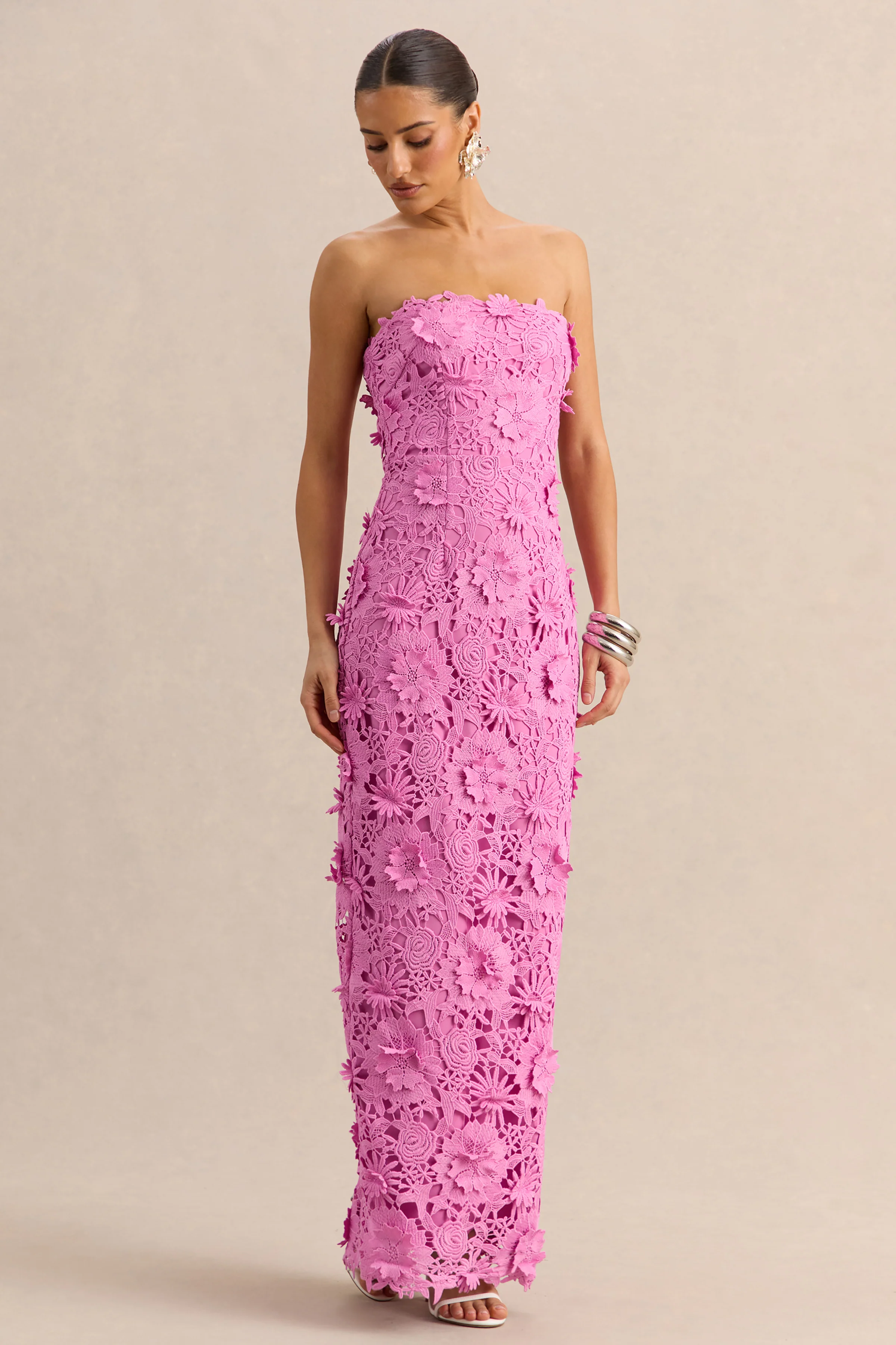 Gracie | Robe longue bandeau en dentelle rose - Image 5