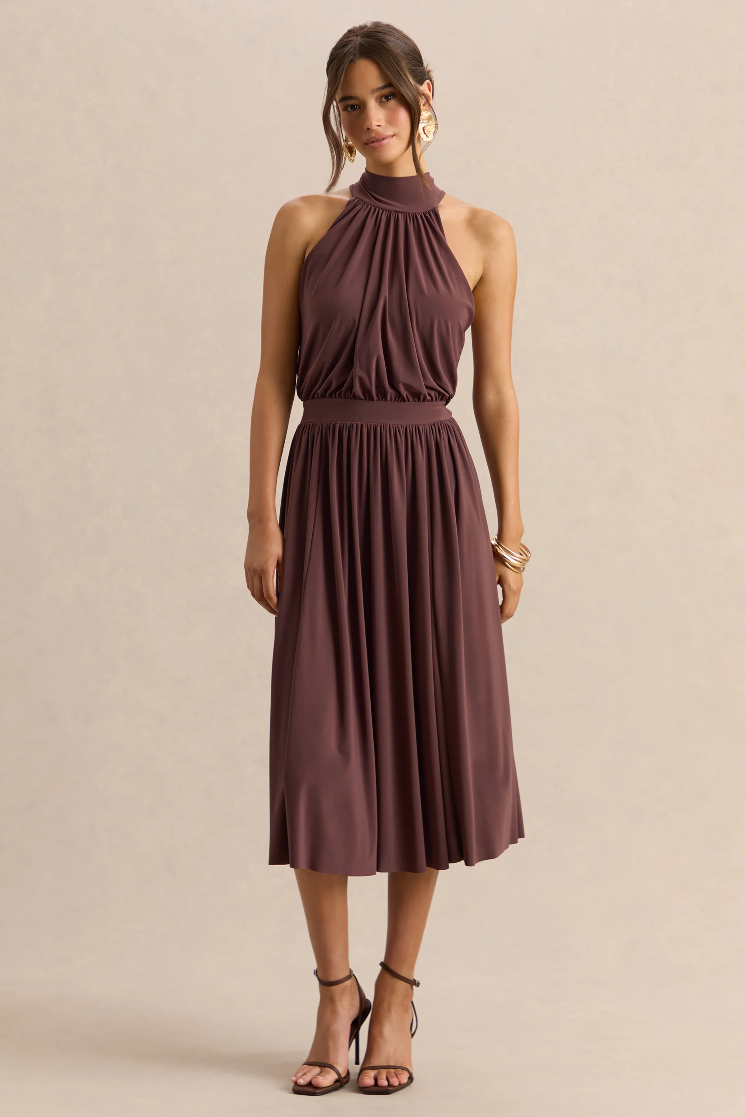 Hedira | Robe mi-longue marron à encolure haute
