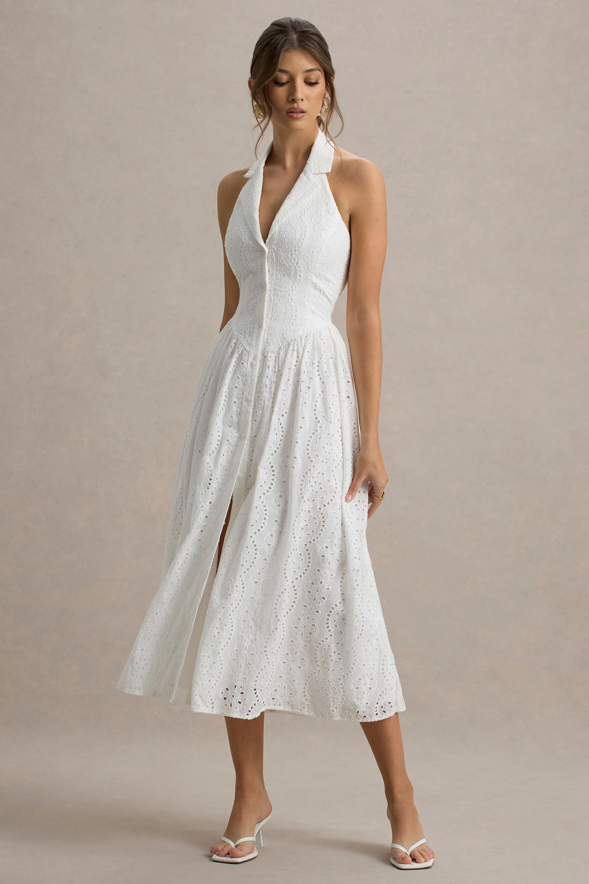 Jezebel | Robe mi-longue blanche en dentelle avec décolleté plongeant et col - Image 4