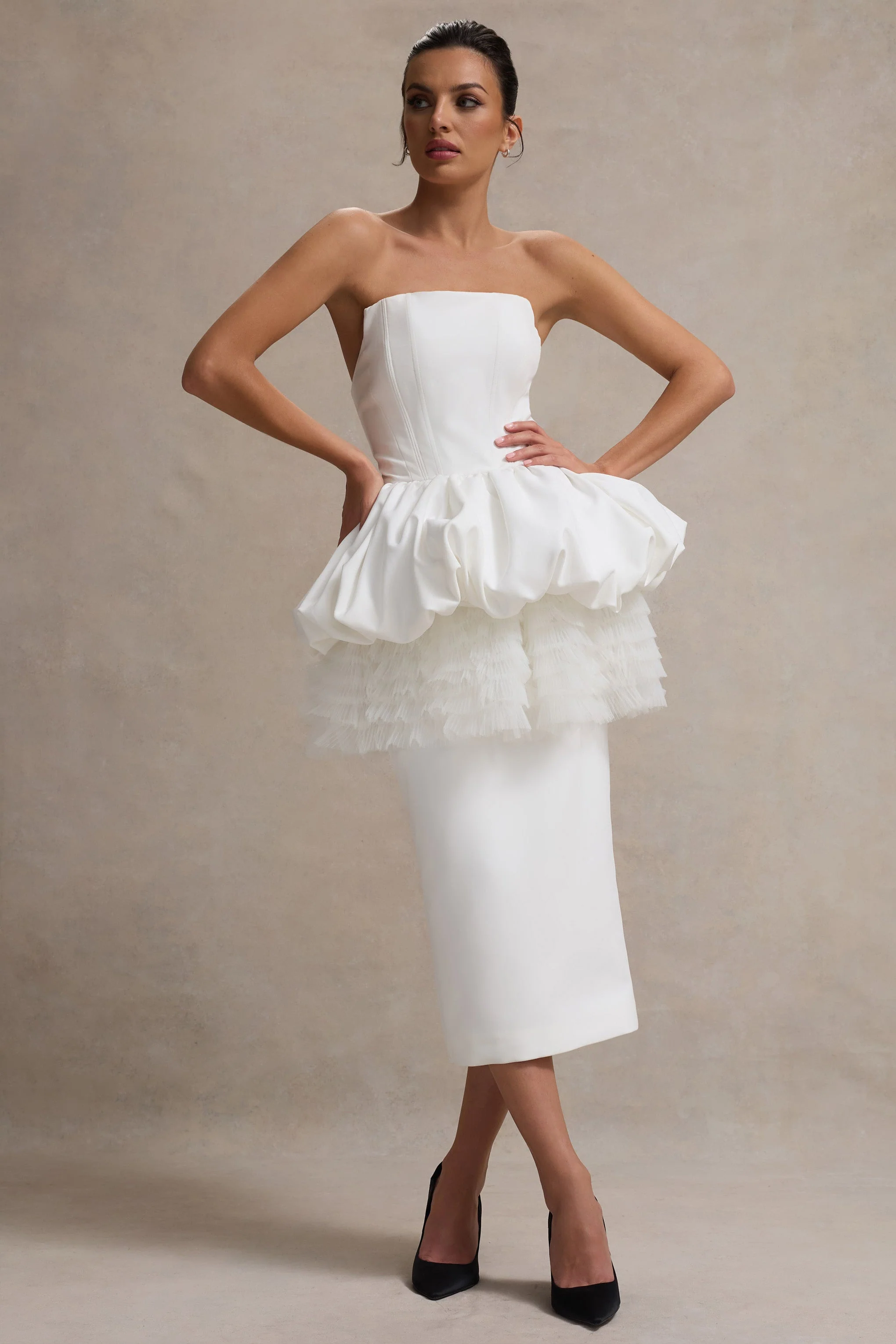 Jones | Robe Midi Blanche Sans Bretelles avec Taille Peplum en Tulle - Image 12