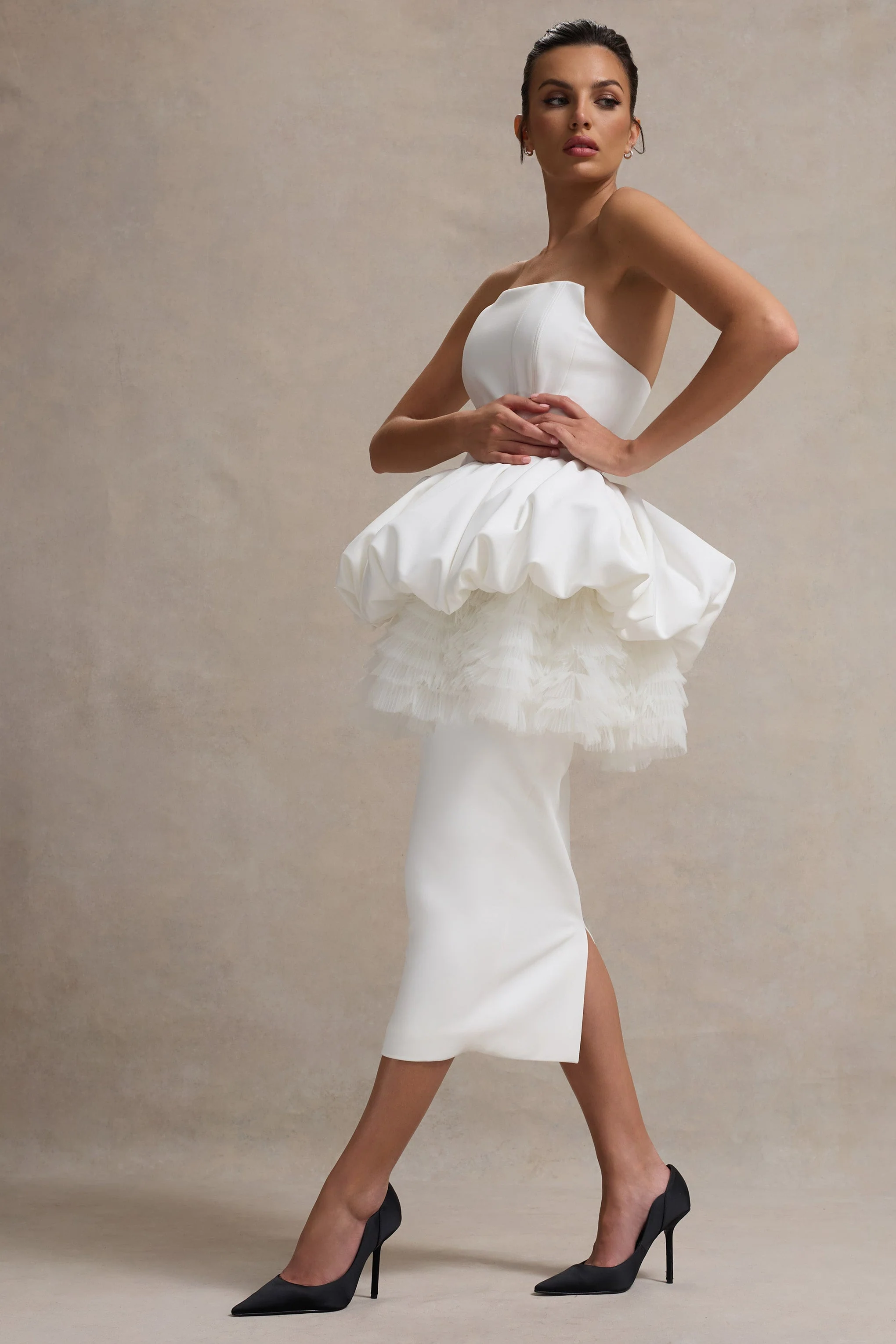Jones | Robe Midi Blanche Sans Bretelles avec Taille Peplum en Tulle - Image 5