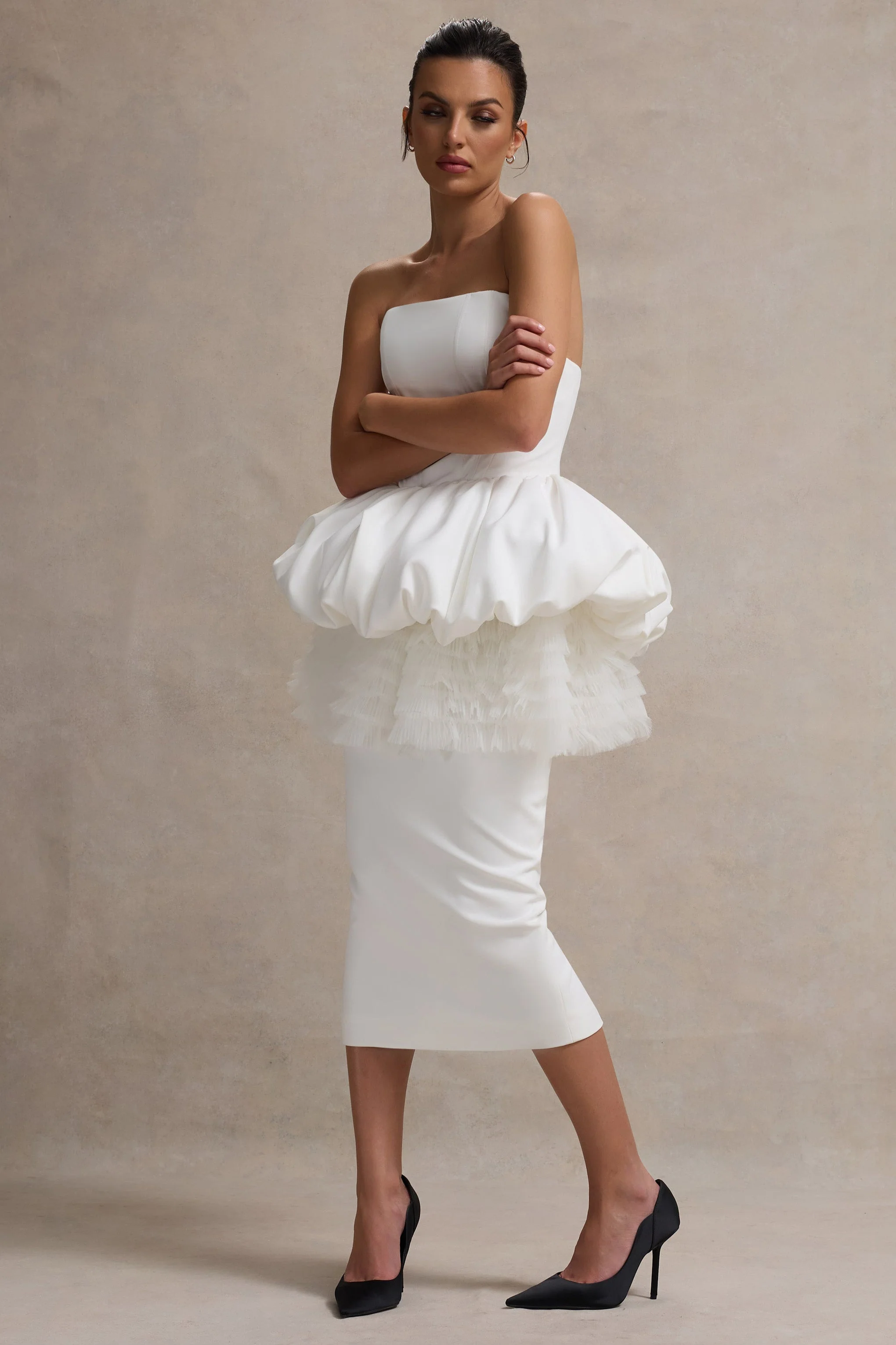 Jones | Robe Midi Blanche Sans Bretelles avec Taille Peplum en Tulle - Image 8