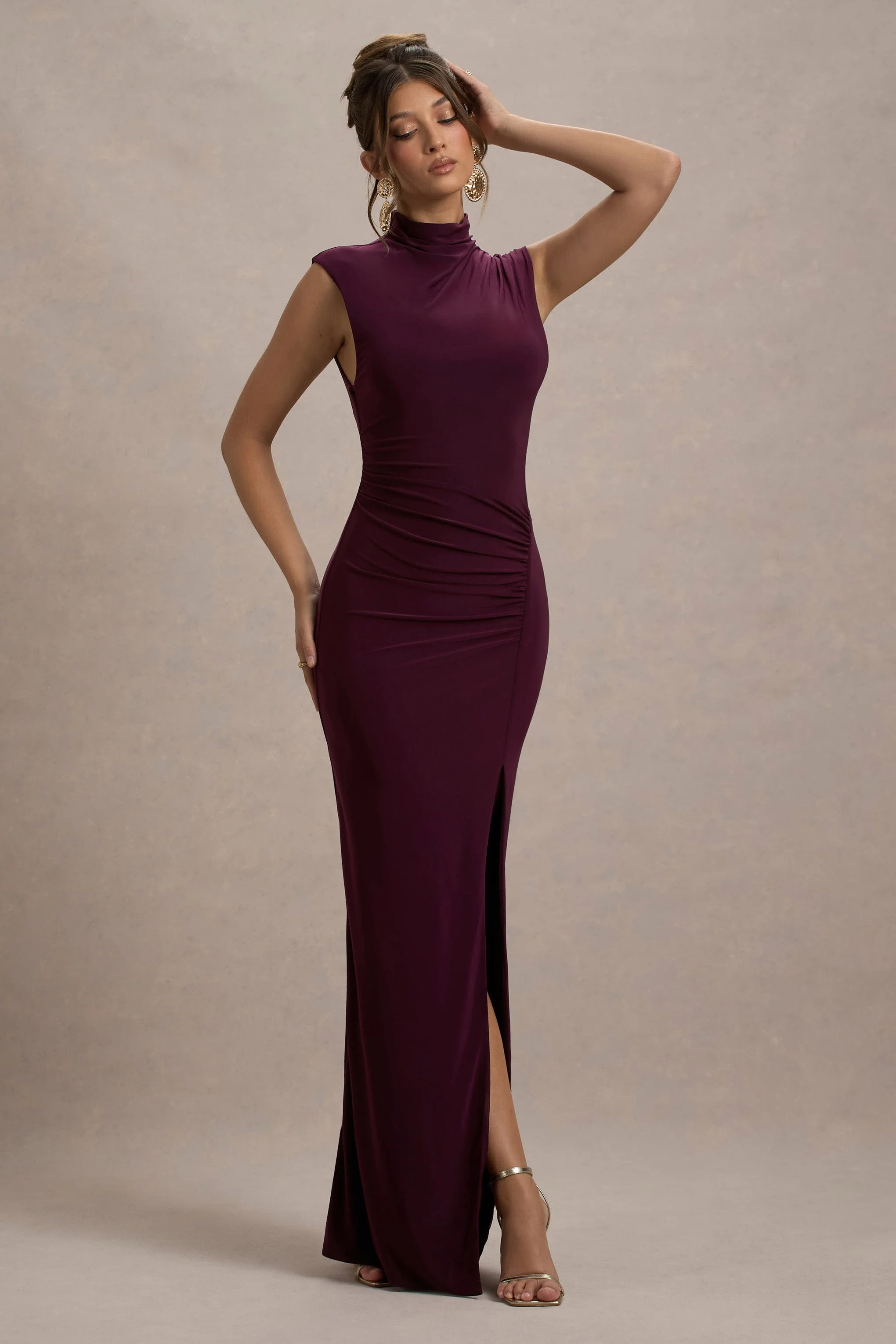 Lanetta | Robe longue violette à encolure haute froncée avec fente - Image 4
