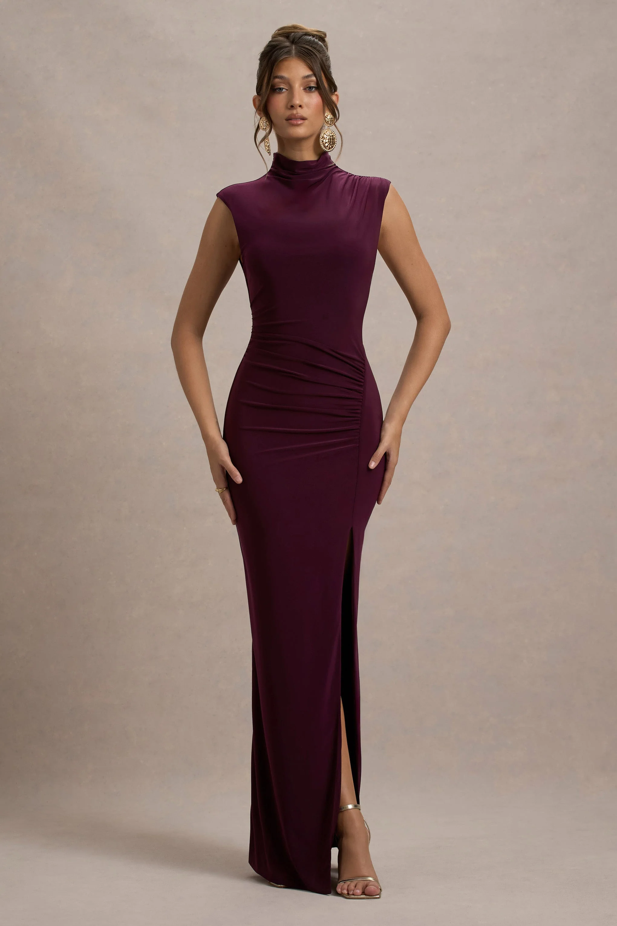 Lanetta | Robe longue violette à encolure haute froncée avec fente - Image 5