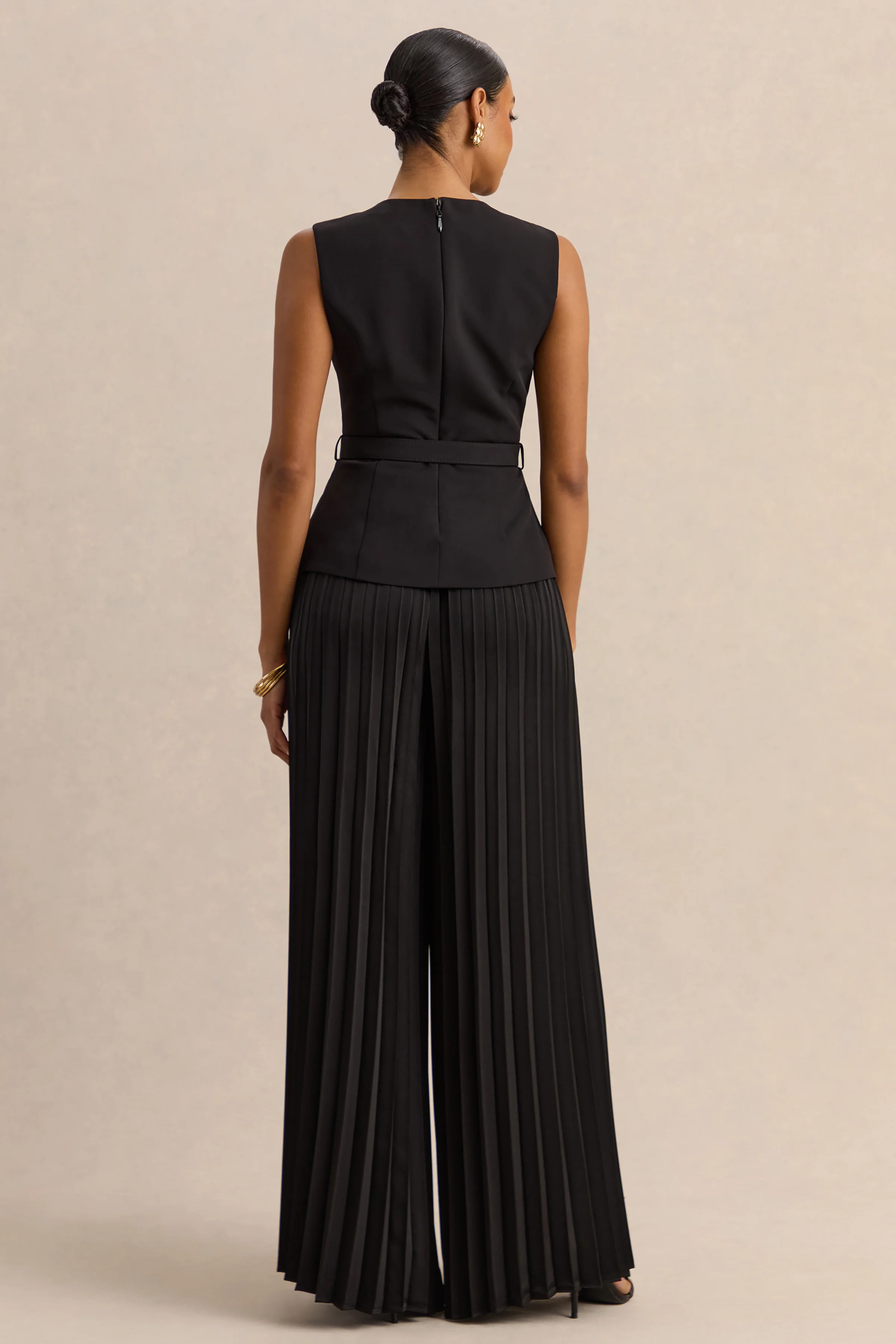 Lerenza | Pantalon noir en satin à jambes larges avec plis - Image 3