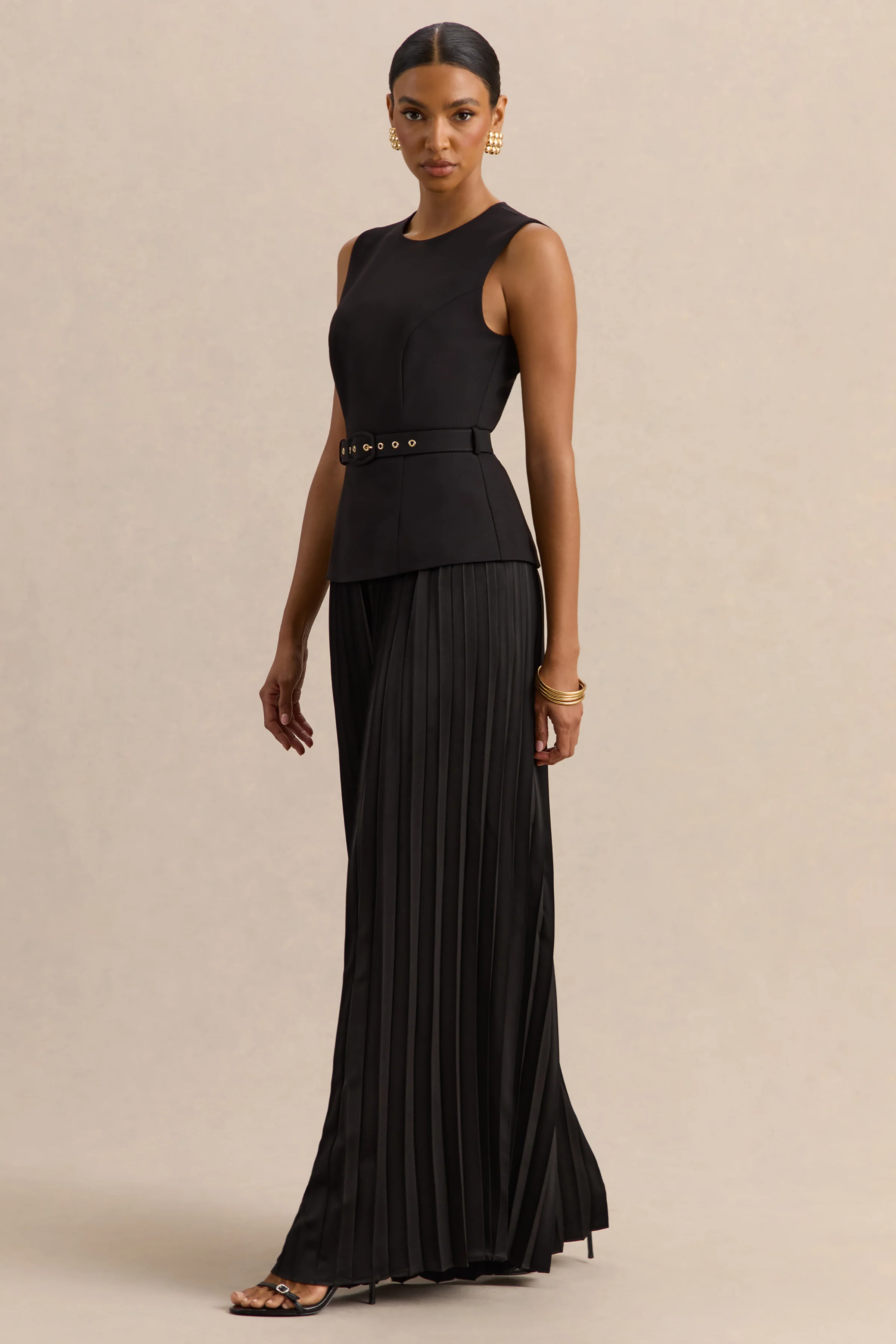 Lerenza | Pantalon noir en satin à jambes larges avec plis - Image 6
